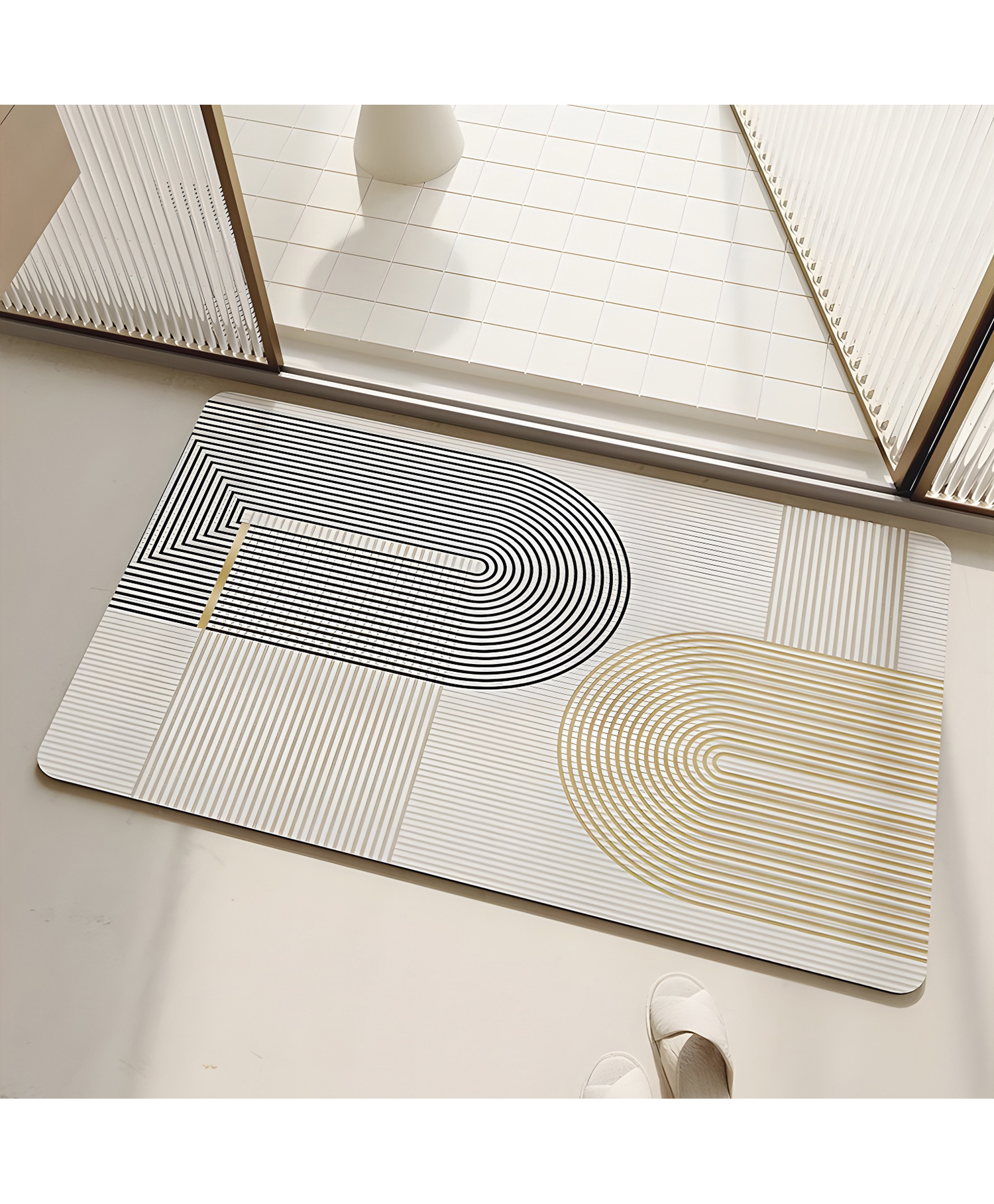 SYGA Non-Slip Modern Arch Diatom Bathroom & Door Mat Beige Base with Black & Gold Geometric Line Design, Quick-Dry & Anti-Skid-image-35