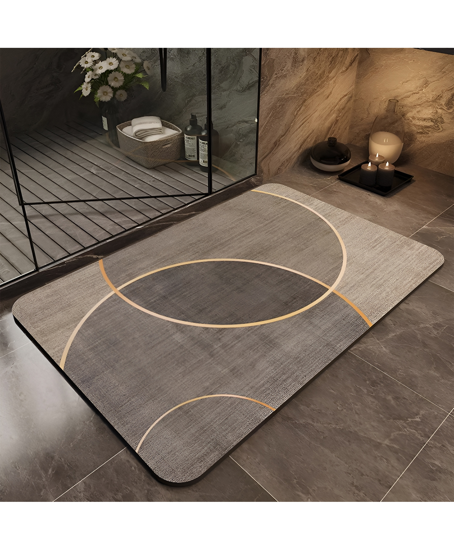 SYGA Non-Slip Diatom Bathroom & Door Mat Grey with Gold & Beige Overlapping Circle Design, Quick-Dry & Anti-Skid-image-23