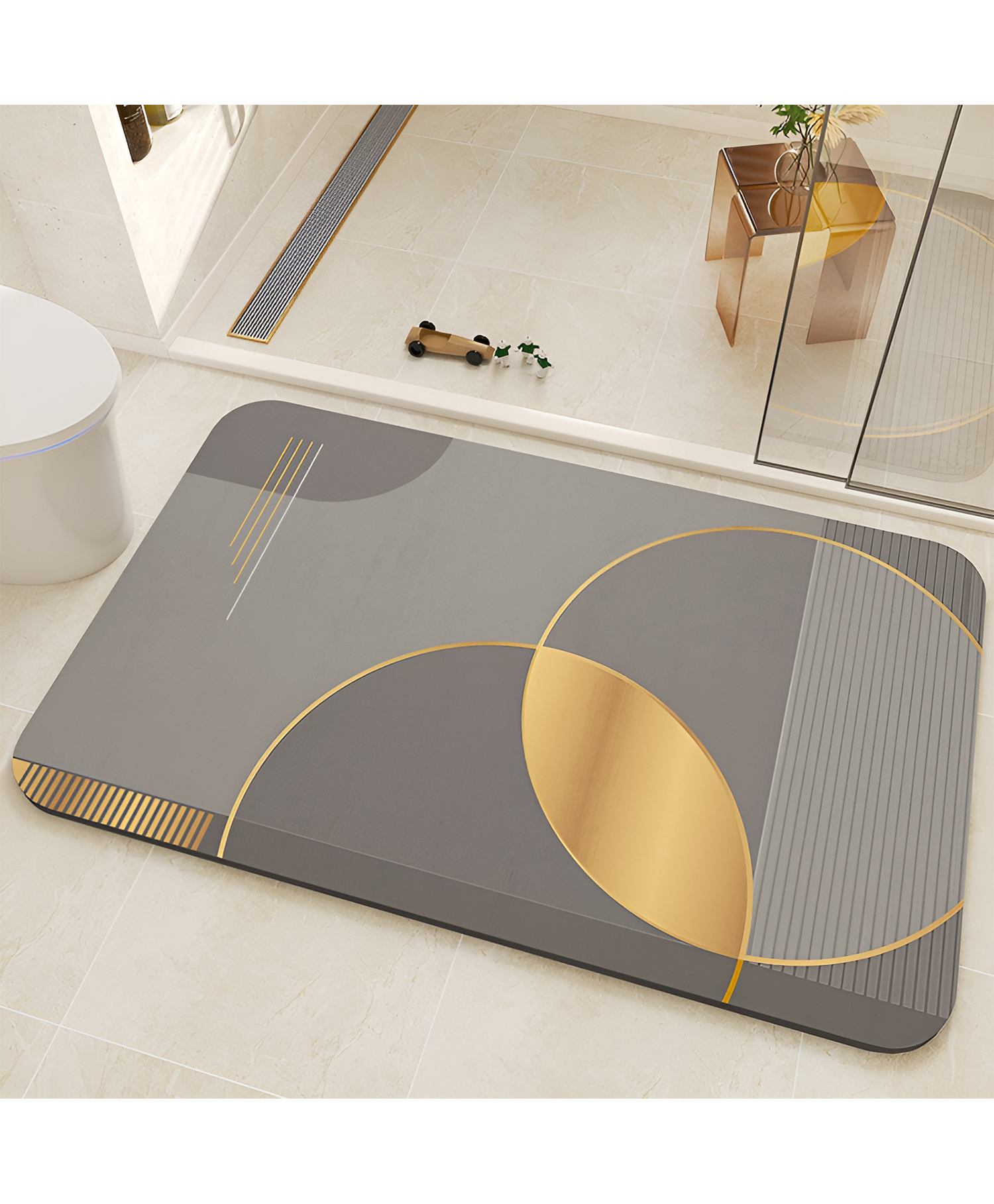 SYGA Non-Slip Golden Eclipse Diatom Bathroom & Door Mat Abstract Half-Sun Design in Grey & Gold, Absorbent & Fast-Dry-image-13