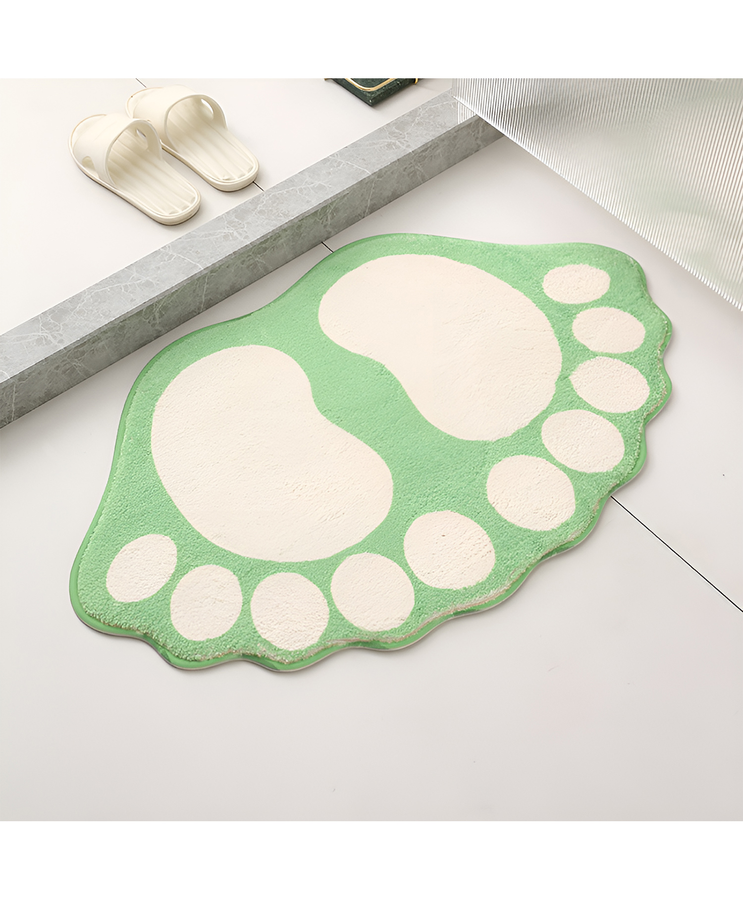 SYGA Non-Slip Footprint Design Polyester Bathroom & Door Mat Quick-Dry, Absorbent & Anti-Slip Mat (Green & Cream)-image-3