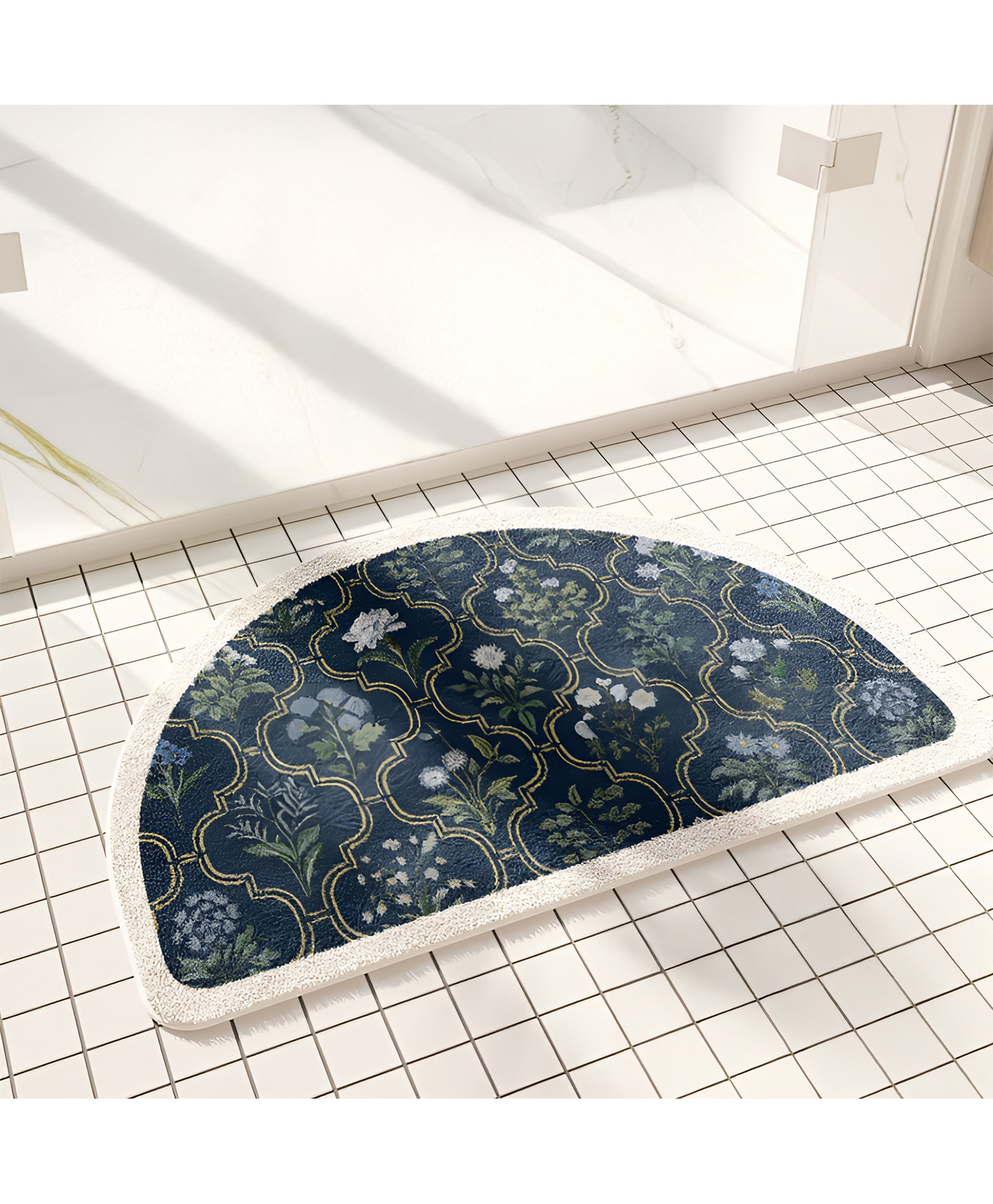 SYGA Non-Slip Dark Floral Imitation Cashmere Bathroom & Door Mat Semi-Circle Design, Plush Decorative, Absorbent & Anti-Slip Floor Mat-image-24
