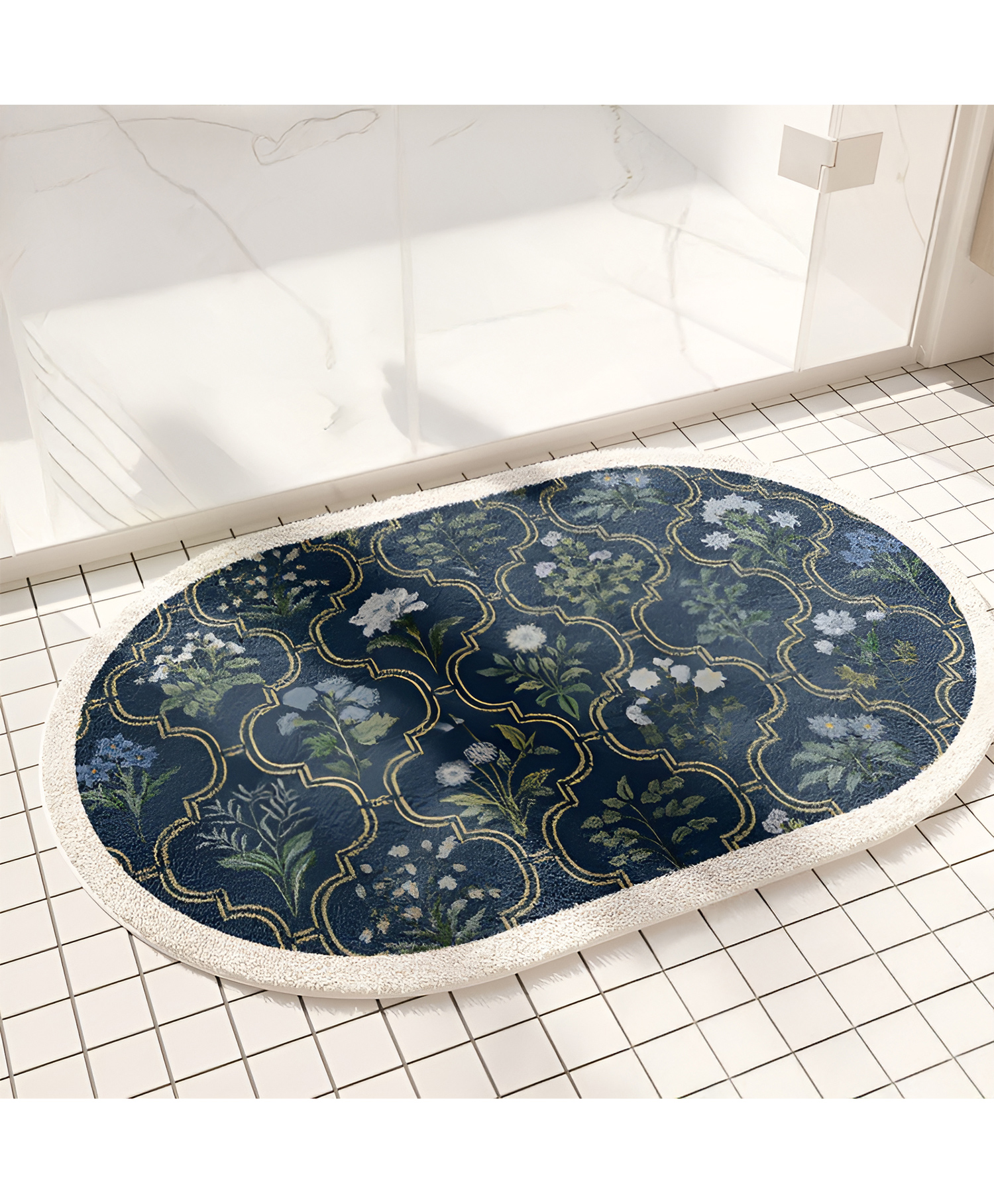 SYGA Non-Slip Dark Floral Imitation Cashmere Bathroom & Door Mat Oval Design, Plush Decorative, Absorbent & Anti-Slip Floor Mat