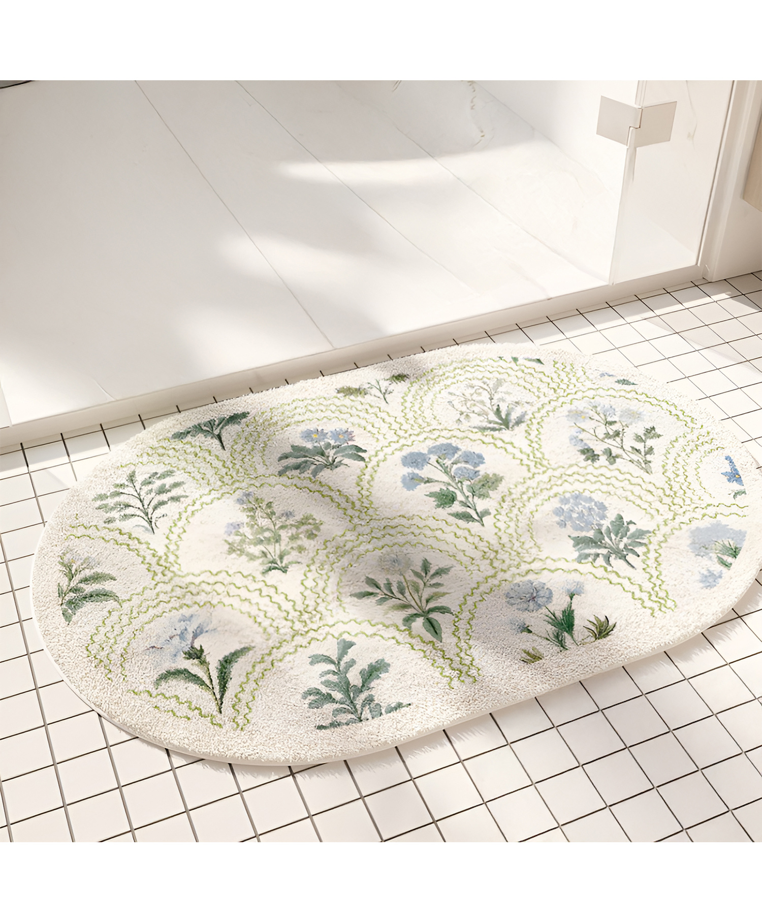 SYGA Non-Slip Blue Floral Imitation Cashmere Bathroom & Door Mat Oval Design, Plush Decorative, Absorbent & Anti-Slip Floor Mat-picture-24