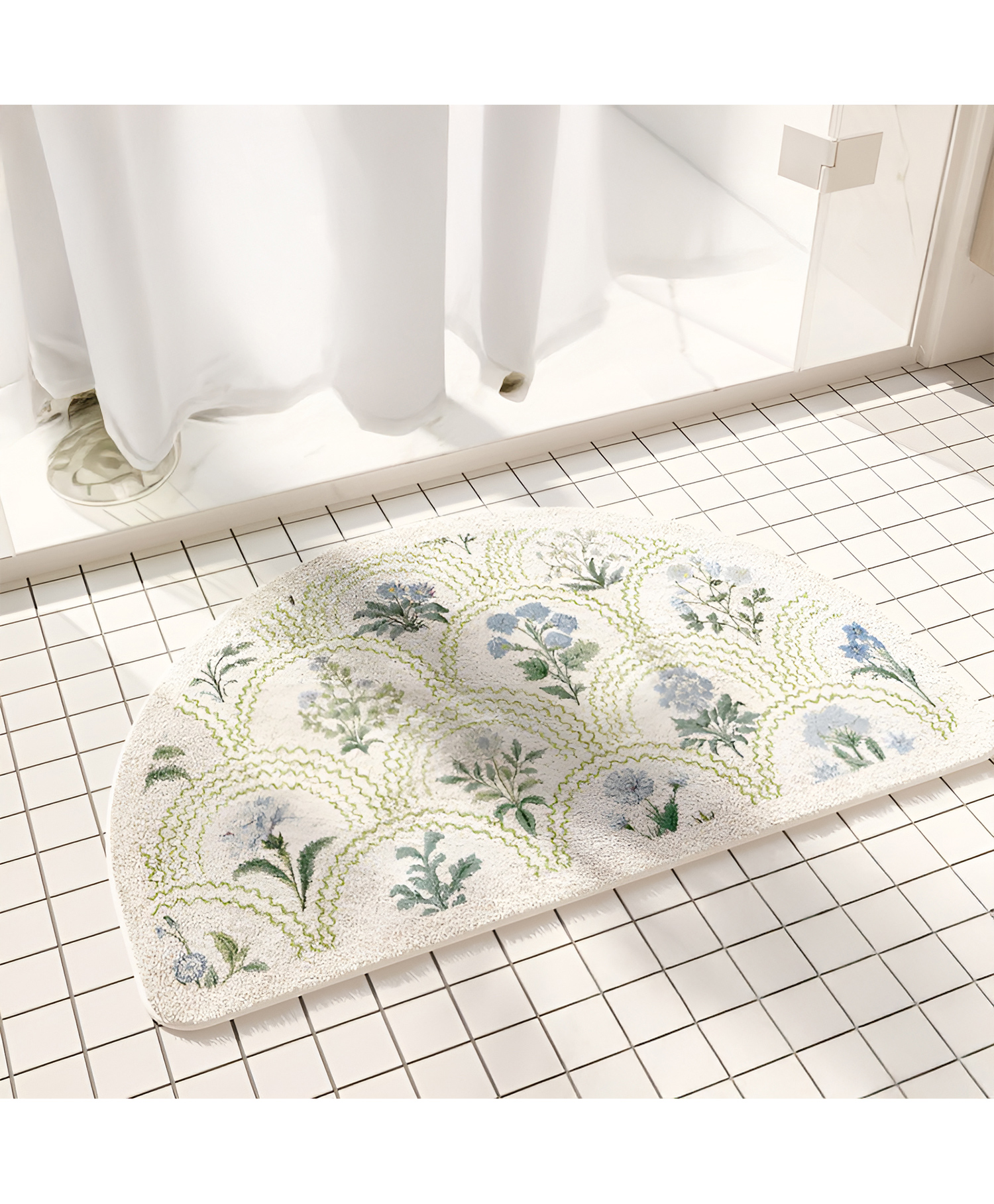 SYGA Non-Slip Blue Floral Imitation Cashmere Bathroom & Door Mat Semi-Circle Design, Plush Decorative, Absorbent & Anti-Slip Floor Mat-picture-14