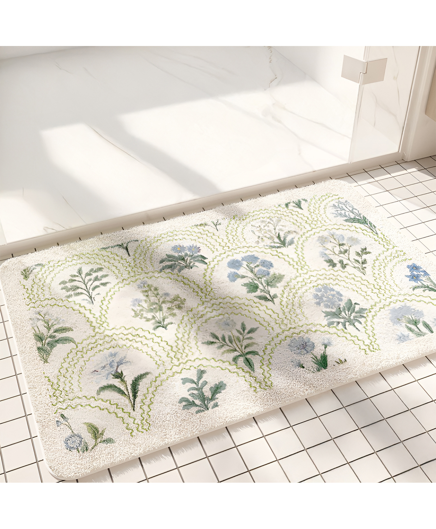 SYGA Non-Slip Blue Floral Imitation Cashmere Bathroom & Door Mat Rectangle Design, Plush Decorative, Absorbent & Anti-Slip Floor Mat-image-47