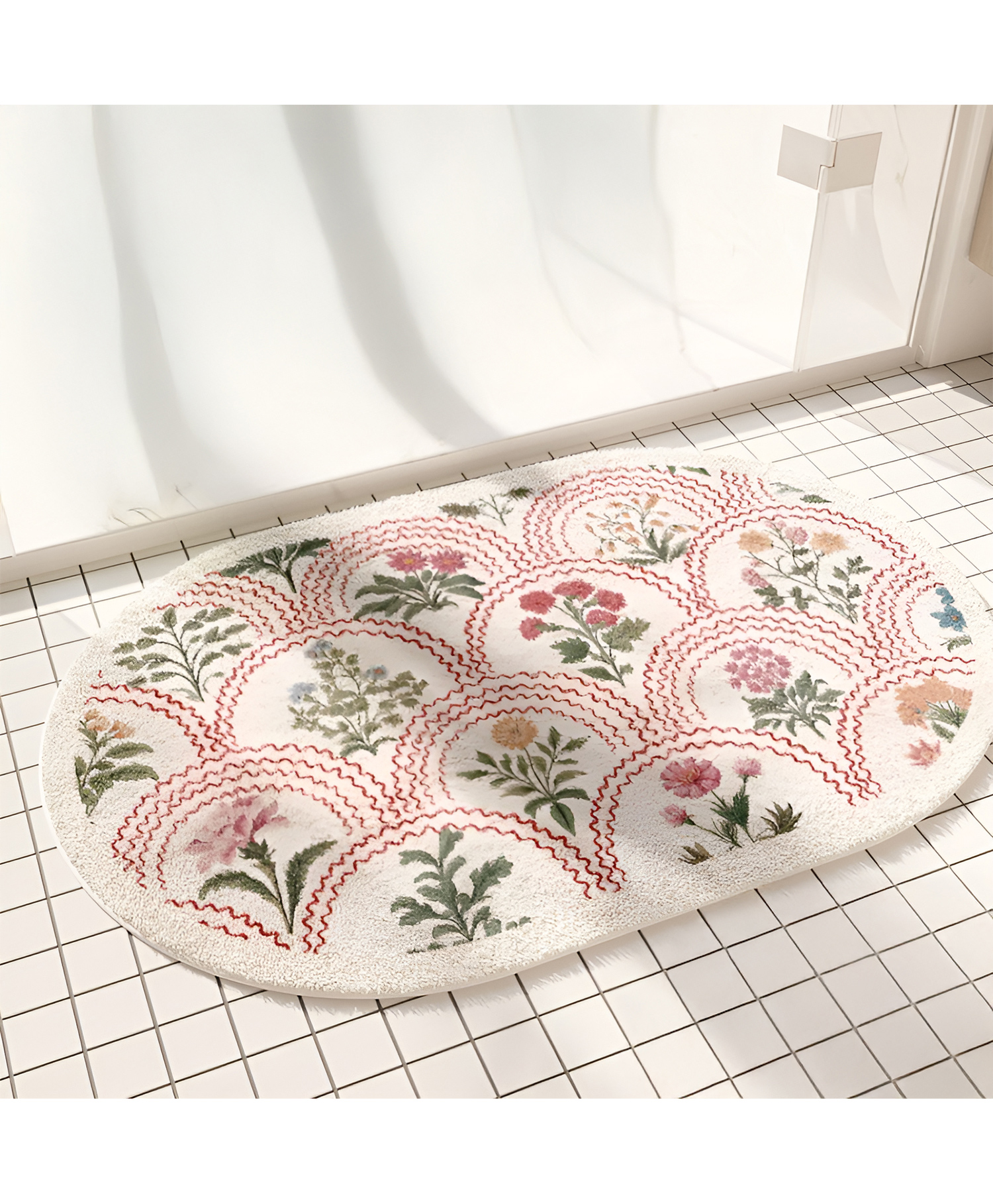 SYGA Non-Slip Pink Floral Imitation Cashmere Bathroom & Door Mat Oval Design, Plush Decorative, Absorbent & Anti-Slip Floor Mat-image-6