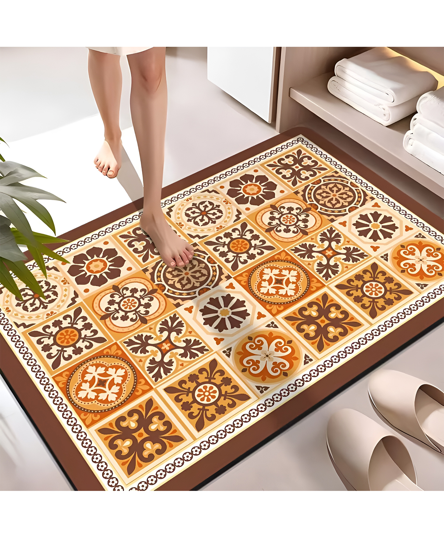 SYGA Non-Slip Vintage Tile Orange Design Polyester Bathroom & Door Mat Quick-Dry, Absorbent & Anti-Slip Floor Mat-picture-23