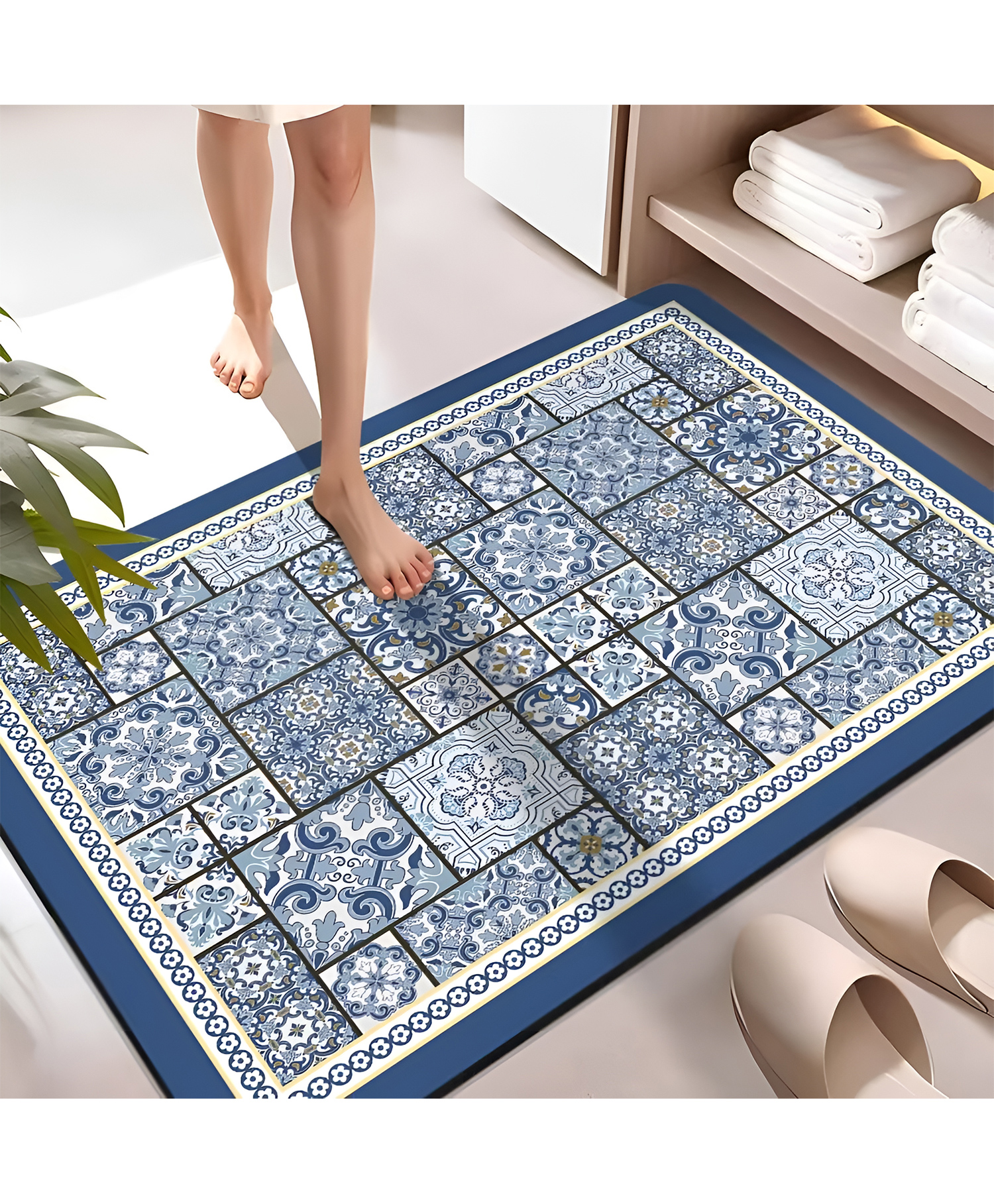 SYGA Non-Slip Moroccan Blue Tile Design Polyester Bathroom & Door Mat Quick-Dry, Absorbent & Anti-Slip Floor Mat-image-3