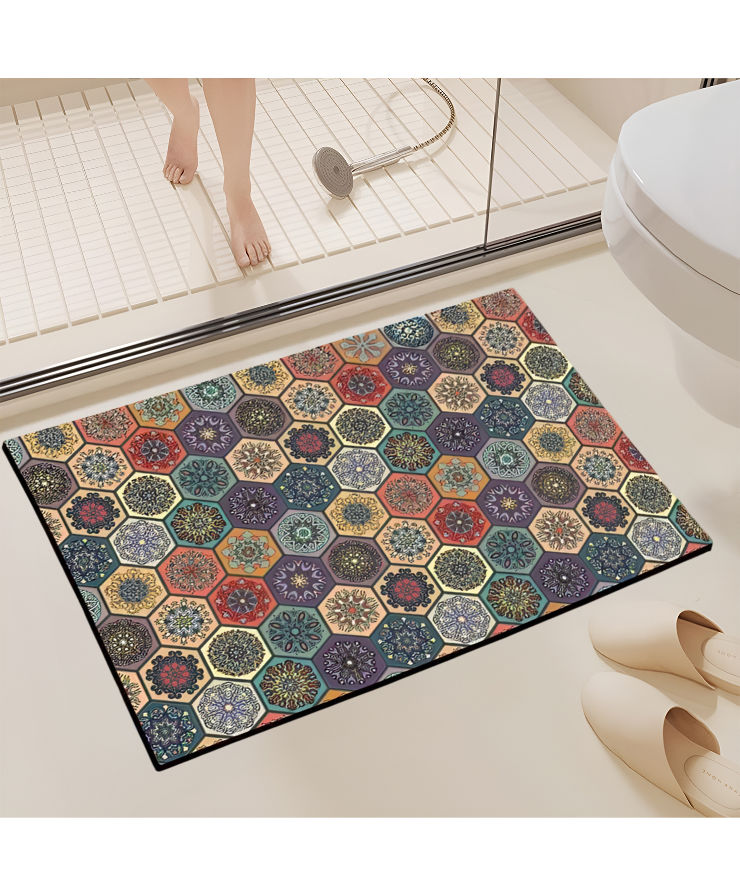 SYGA Non-Slip Diatom Bathroom & Door Mat Multicolor with Hexagonal Mandala Tile Pattern, Quick-Dry & Anti-Skid-image-16