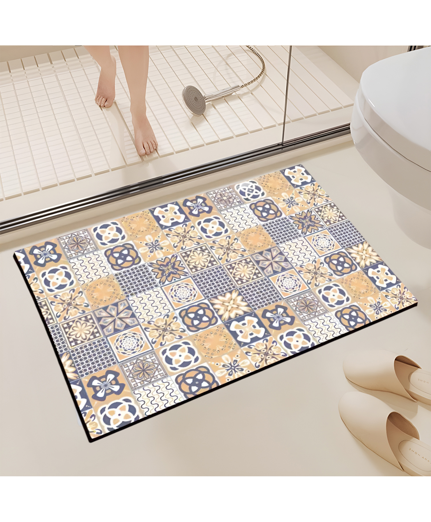 SYGA Non-Slip Diatom Bathroom & Door Mat Beige & Blue with Mediterranean Tile Print, Quick-Dry & Anti-Skid-picture-12