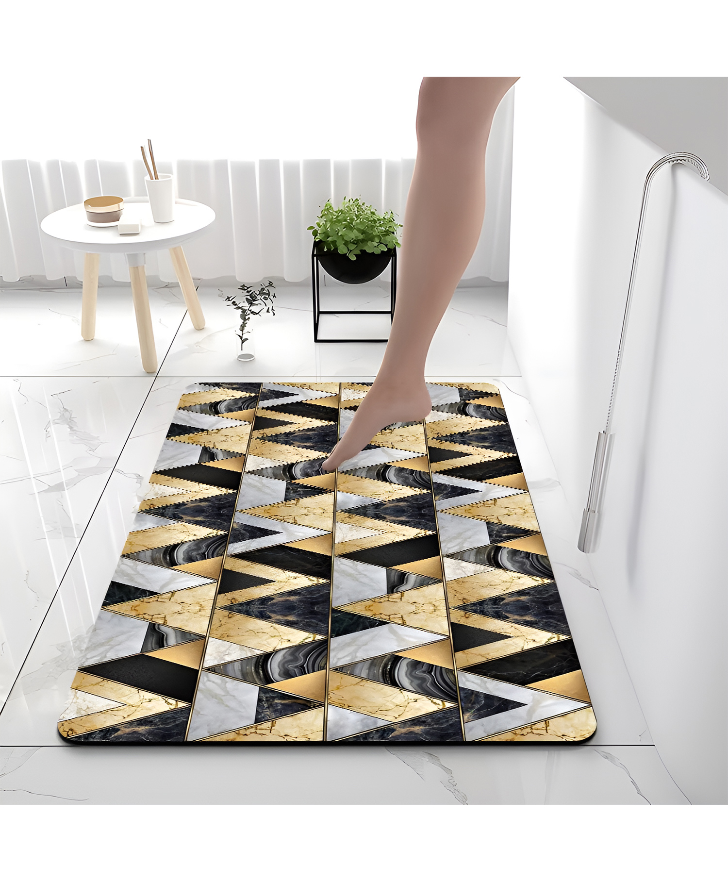 SYGA Non-Slip Geo Luxe Diatom Bathroom & Door Mat Black, Gold & White Triangle Pattern, Fast-Dry & Anti-Skid-picture-32