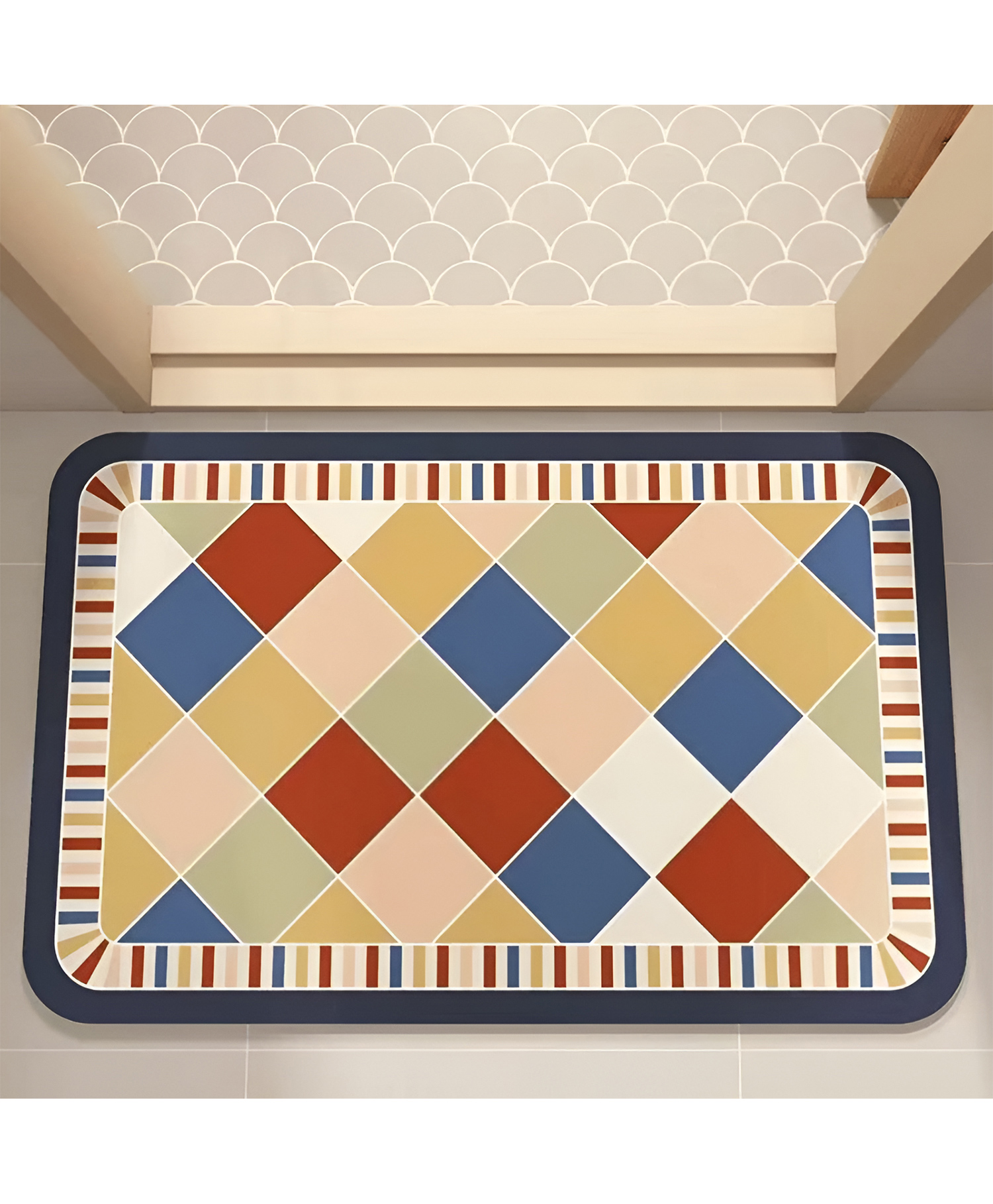 SYGA Non-Slip Carnival Diamond Diatom Bathroom & Door Mat Bold Harlequin Pattern with Striped Border, Fast-Dry & Anti-Skid-image-5