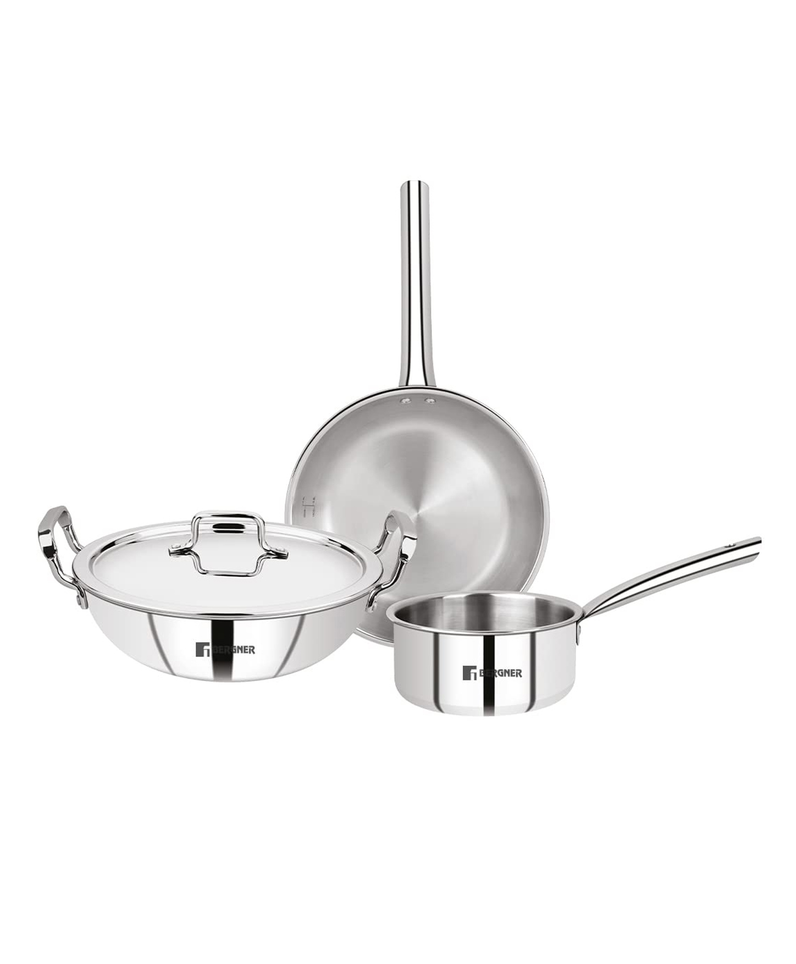 Bergner Tripro Triply Stainless Steel 4 Pc Cookware Set, 24 cm (3 Litre) Indian Wok/Kadai with Lid, 24 cm (1.5 Litre) Frypan, 16 cm (1.7 Litre) Teapan-image-25