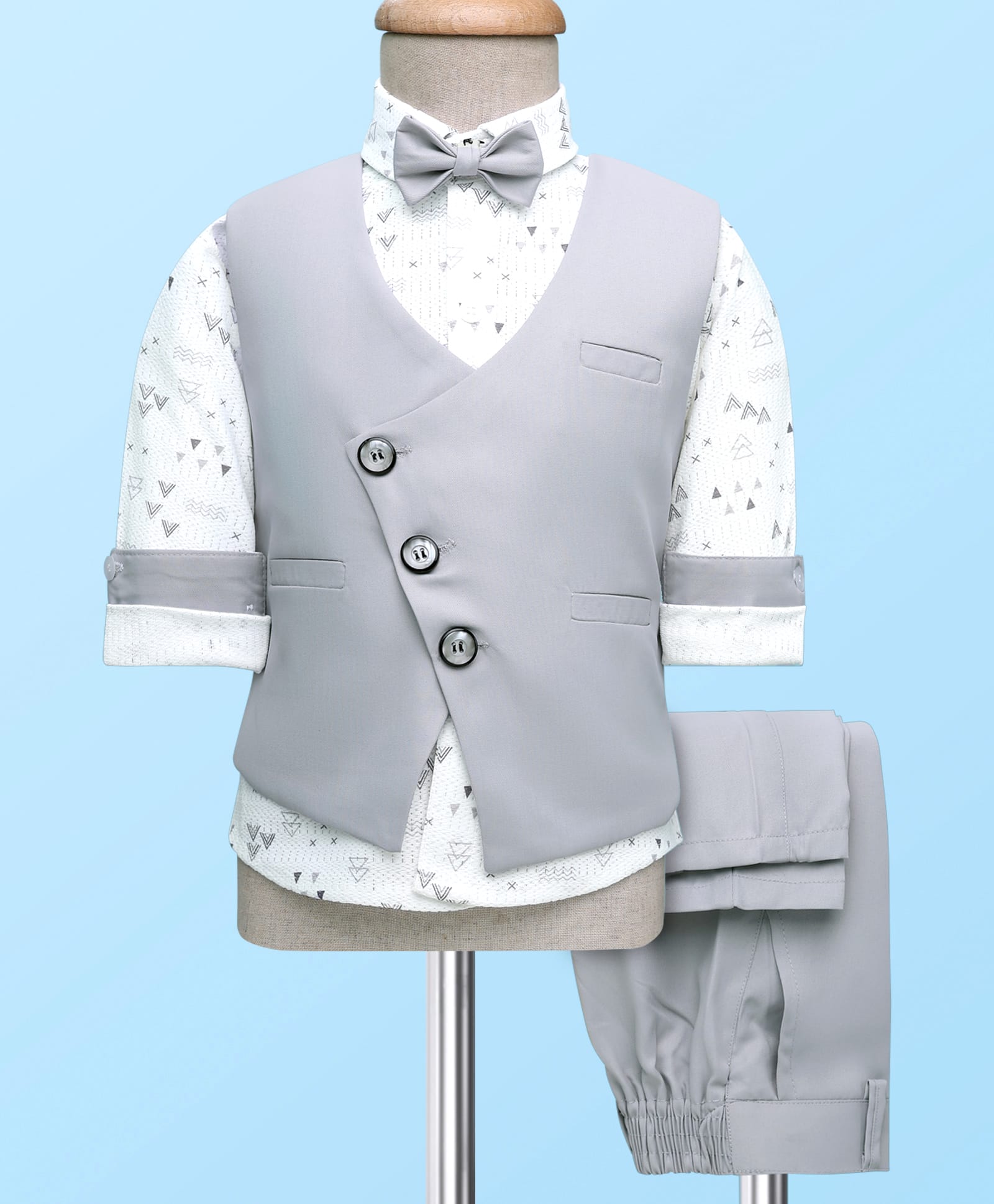 Rikidoos Full Sleeves Geometric Printed 3 Piece Party Suit With Bow Set - White & Grey-image-9