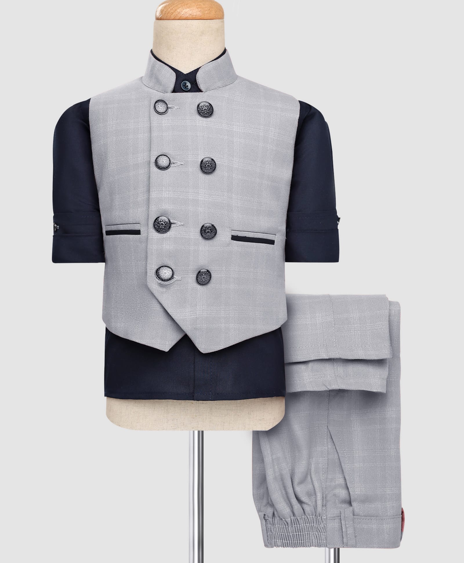 Rikidoos Full Sleeves Checked 3 Piece Party Suit Set - Grey & Black-picture-37