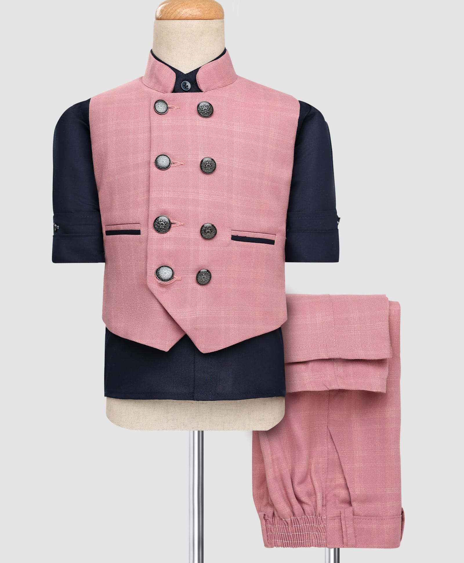 Rikidoos Full Sleeves Checked 3 Piece Party Suit Set - Onion Pink & Navy Blue-picture-27