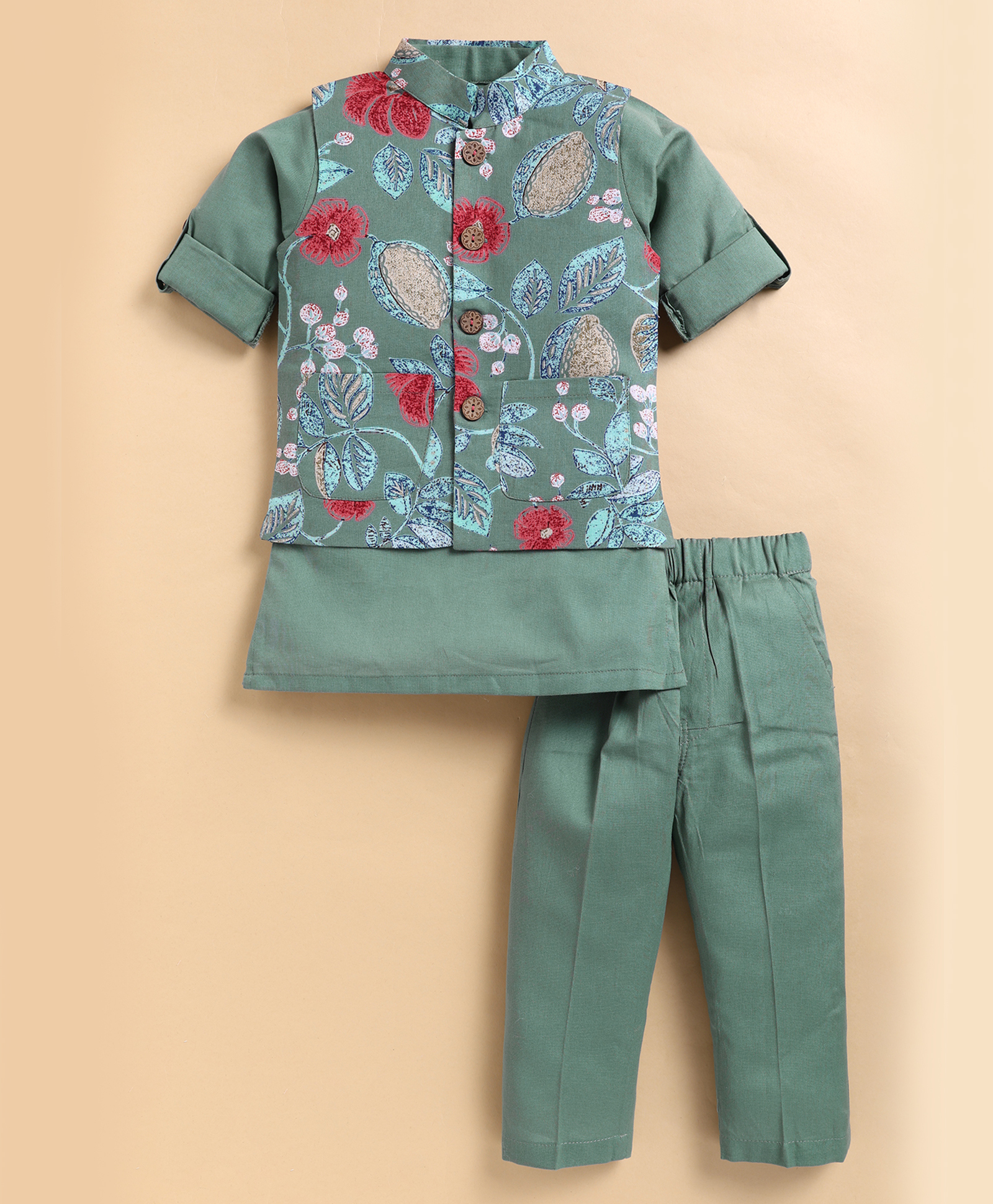 LITTLE COLLARS Organic Cotton Woven Full Sleeves Solid Kurta Pyjama With Floral Printed Jacket Set - Green-image-35