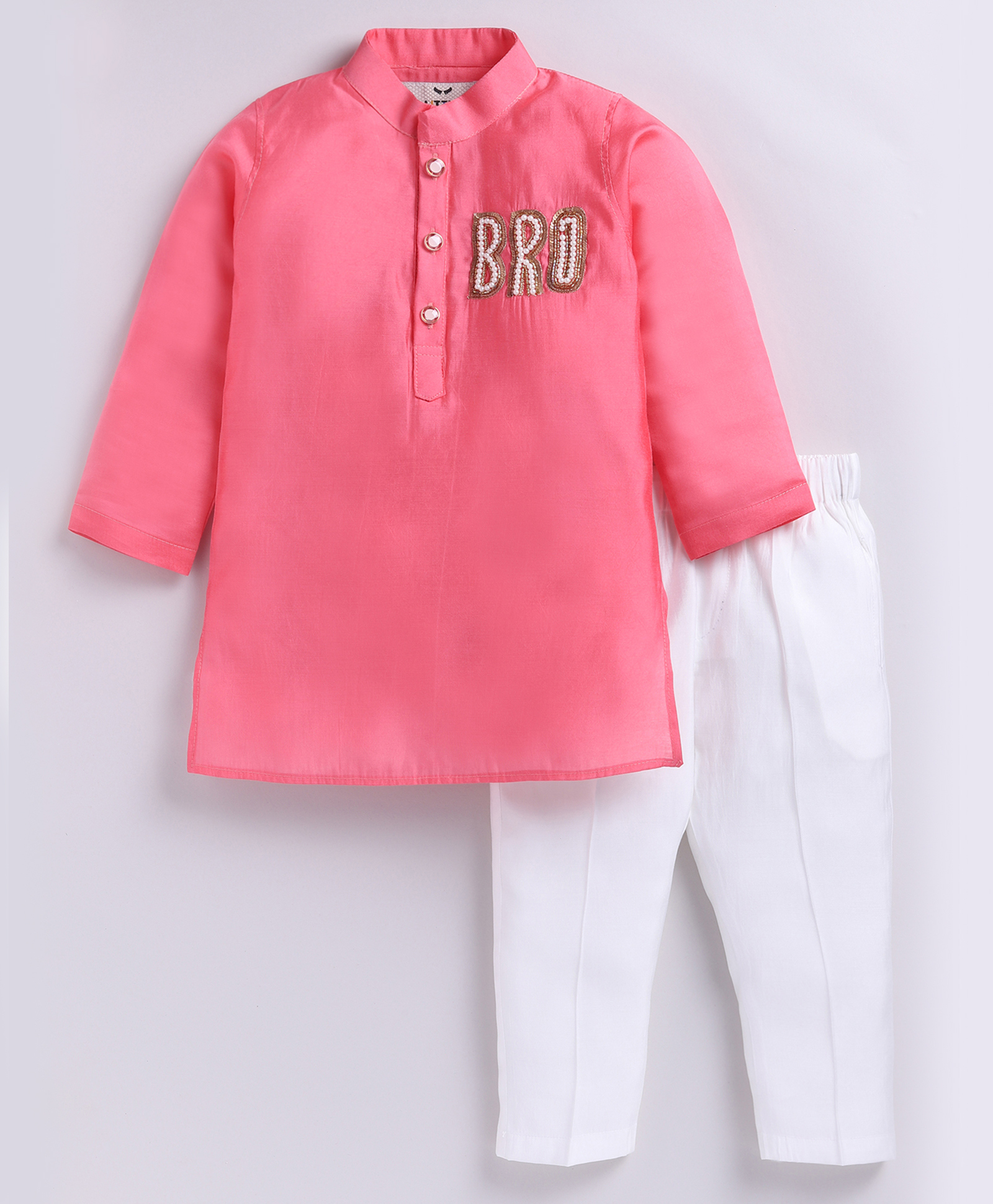 LITTLE COLLARS Silk Woven Raksha Bandhan Theme Full Sleeves Bro Text Shaped Sequins & Pearls Embellished Kurta Pyjama Set - Pink-picture-17