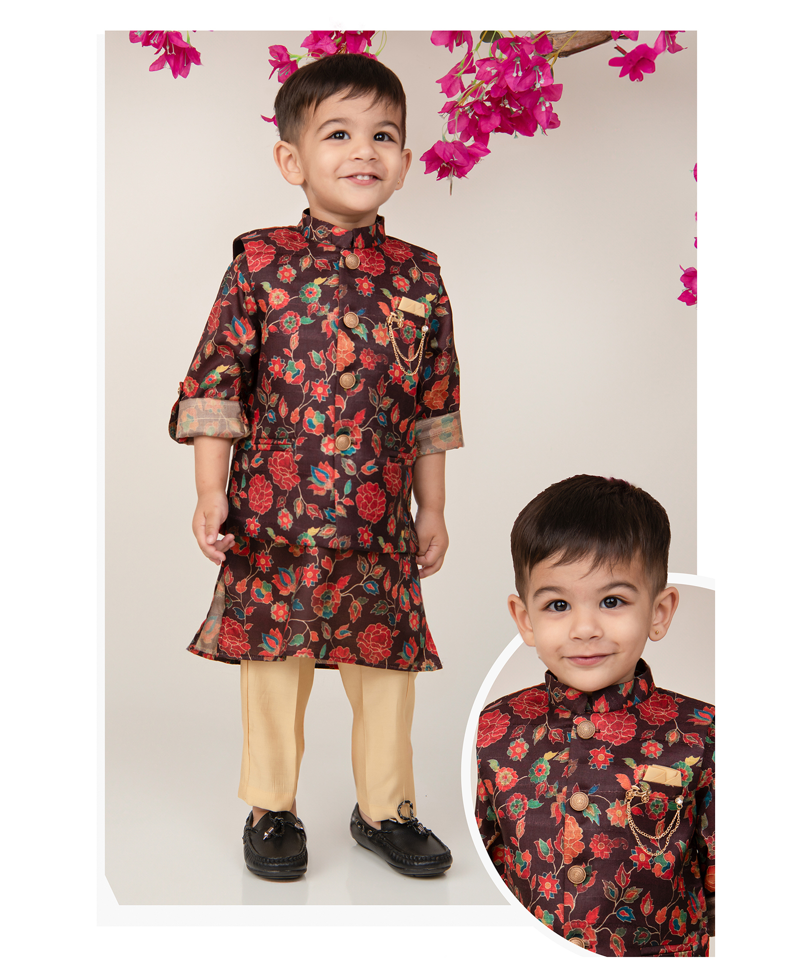 LITTLE COLLARS Silk Woven Full Sleeves Floral Printed Kurta Pyjama With Nehru Jacket & Brooch Set - Wine-image-38