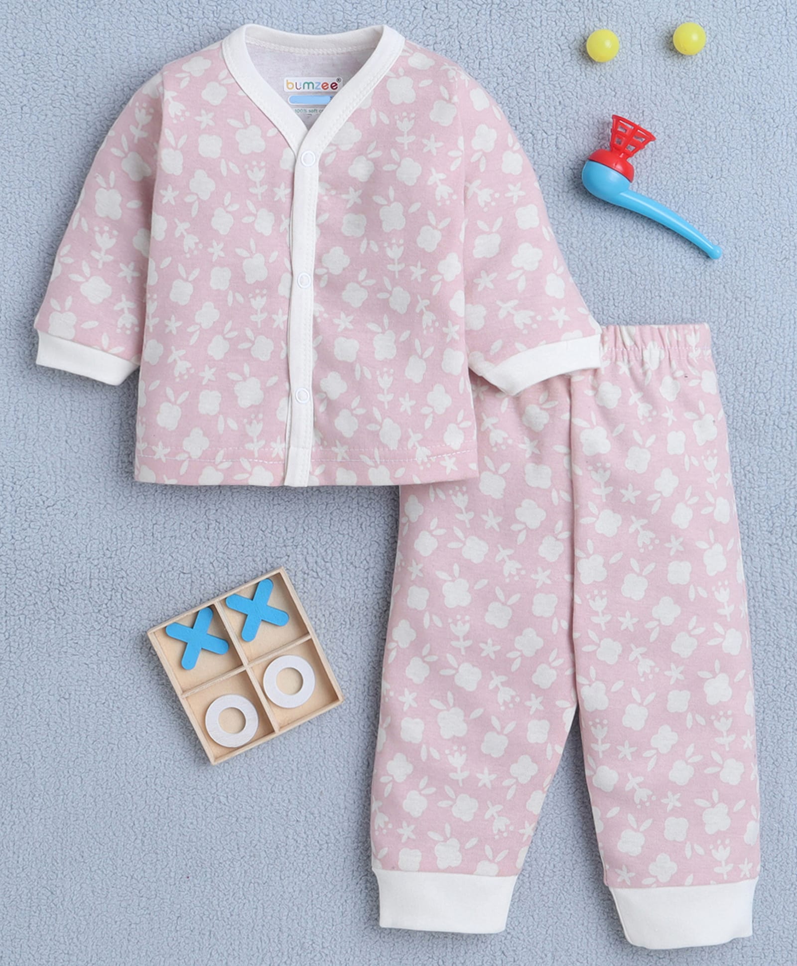 BUMZEE Cotton Knit Full Sleeves Floral Printed Coordinating Jabla & Pyjama Night Suit - Pink-image-25
