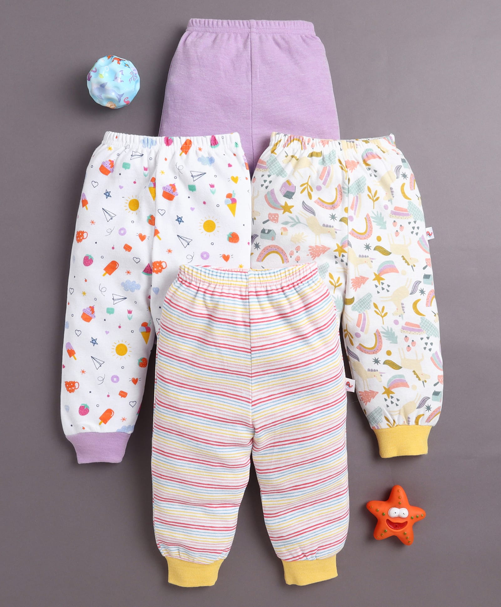 BUMZEE Cotton Knit Pack Of 4 Striped Solid Rainbow & Ice Cream Printed Pants - Lavender & White-image-46