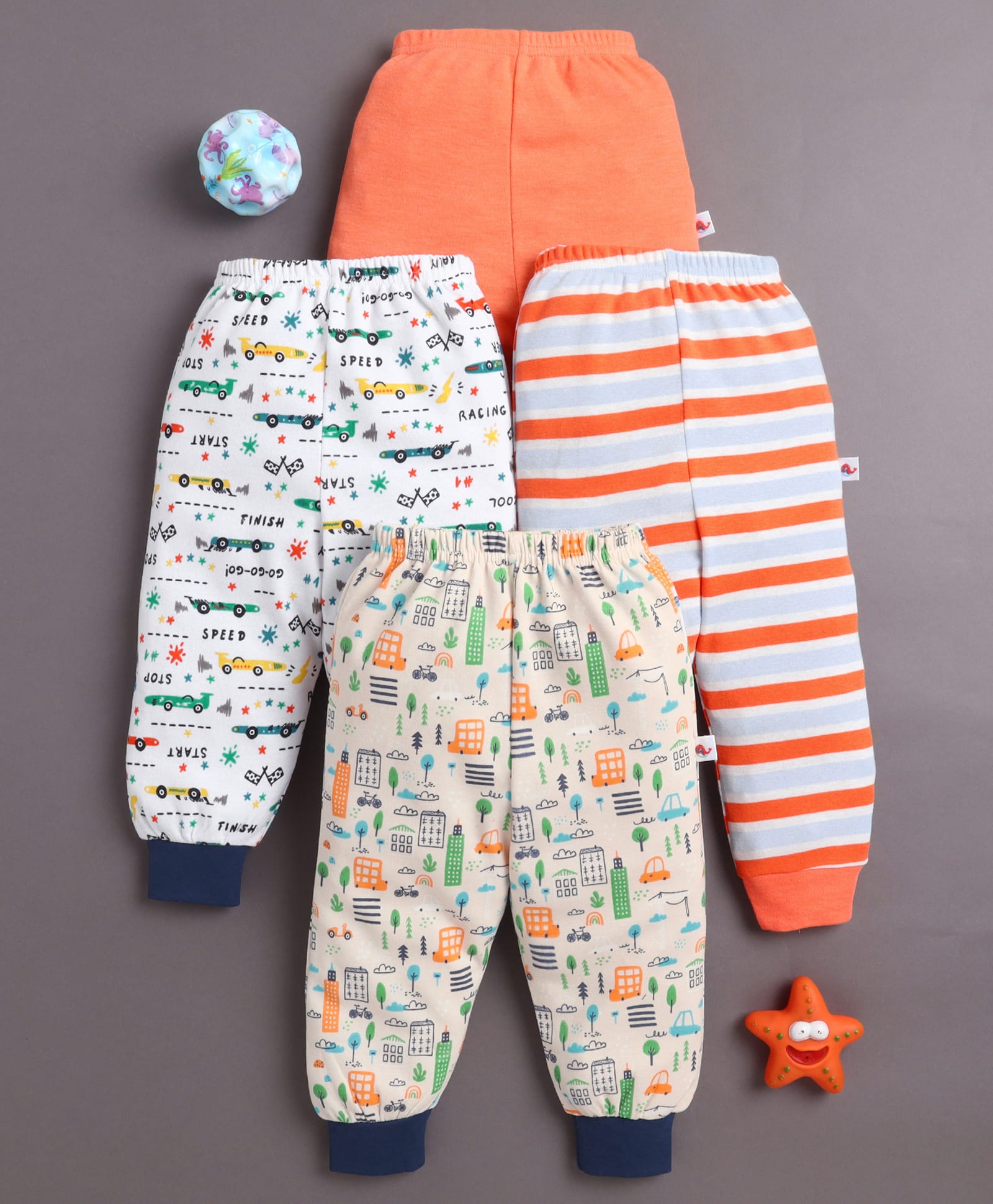 BUMZEE Cotton Knit Pack Of 4 Striped Solid & Vehicles Printed Pants - Orange & White-image-47