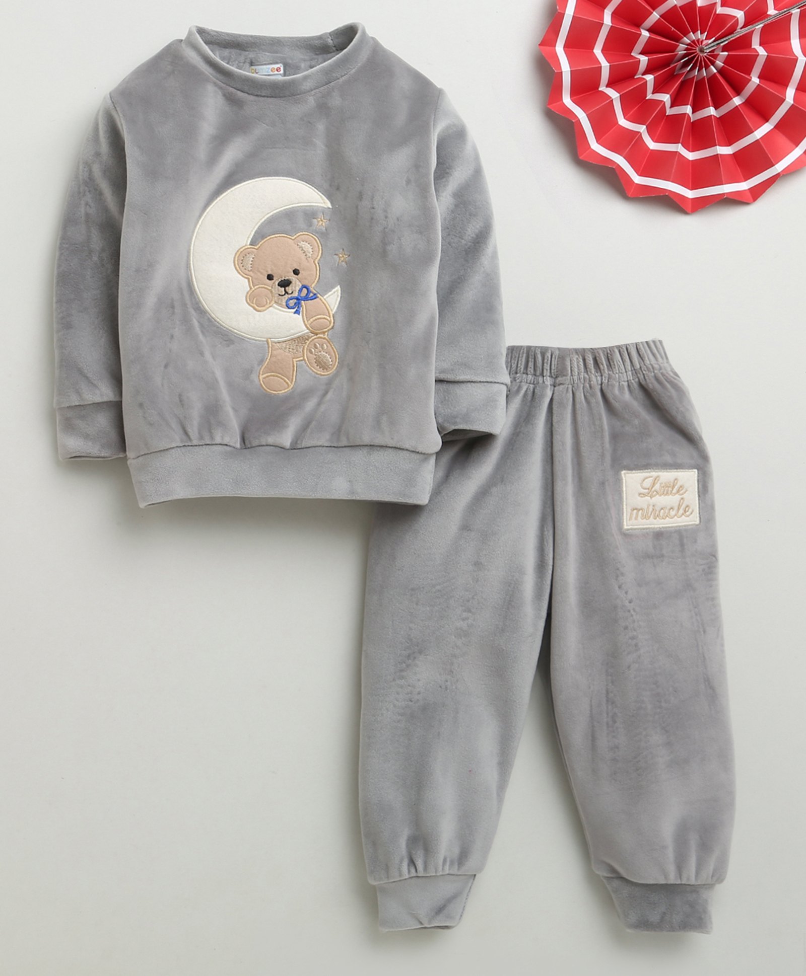 BUMZEE Velvet Knit Full Sleeves Teddy Bear Patch Detailed Sweatshirt & Joggers Set - Grey-image-24