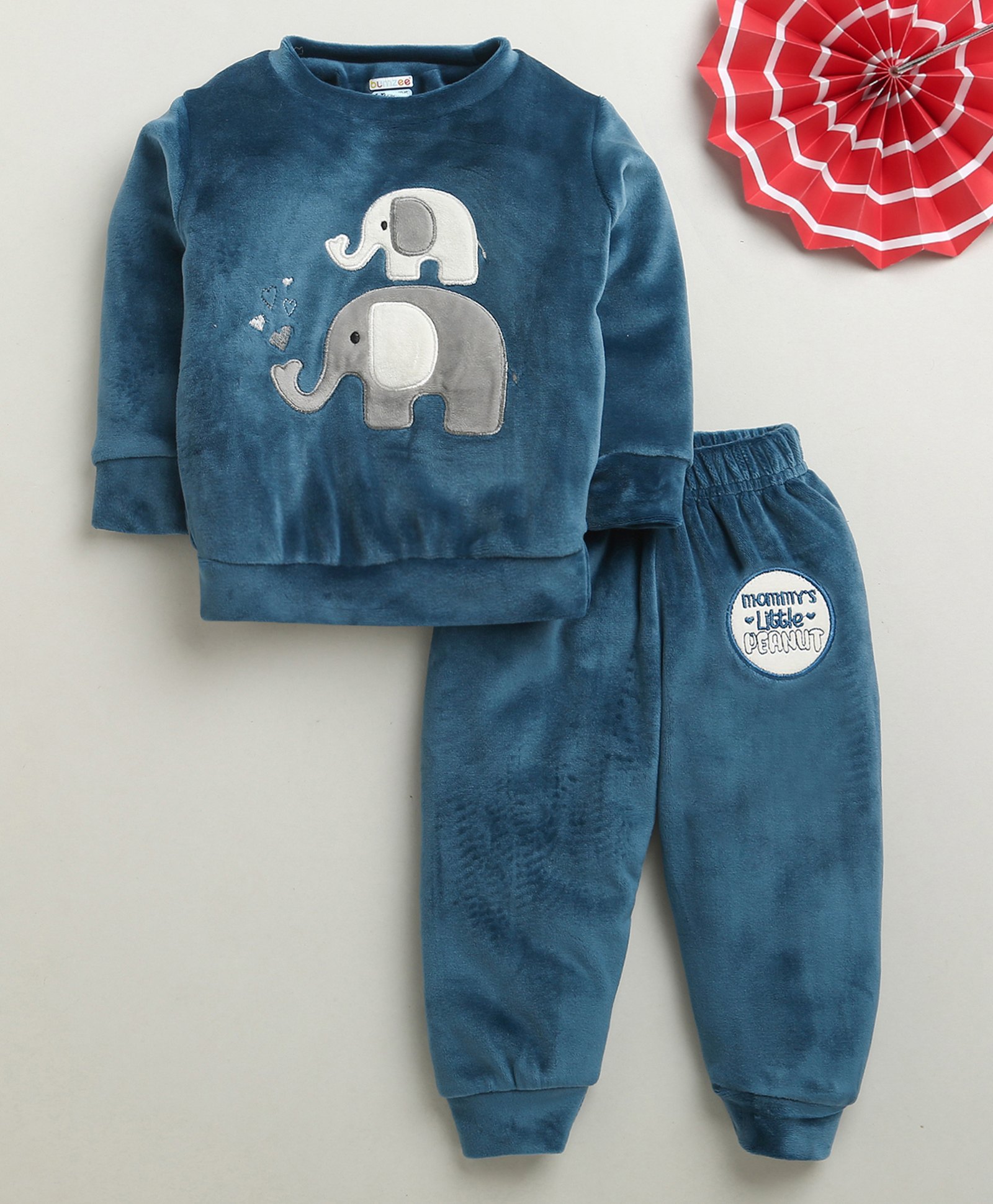 BUMZEE Velvet Knit Full Sleeves Baby Elephants Patch Detailed Sweatshirt & Joggers Set - Teal Blue-image-21