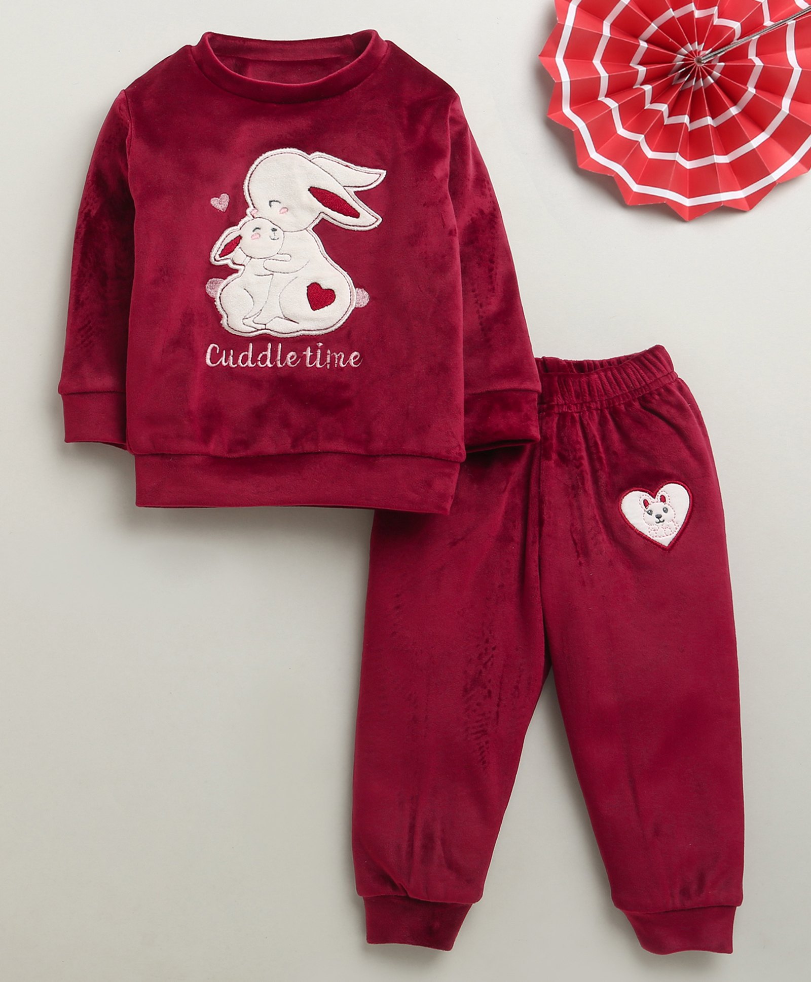 BUMZEE Velvet Knit Full Sleeves Baby Rabbits Patch Detailed Sweatshirt & Joggers Set - Maroon-image-2