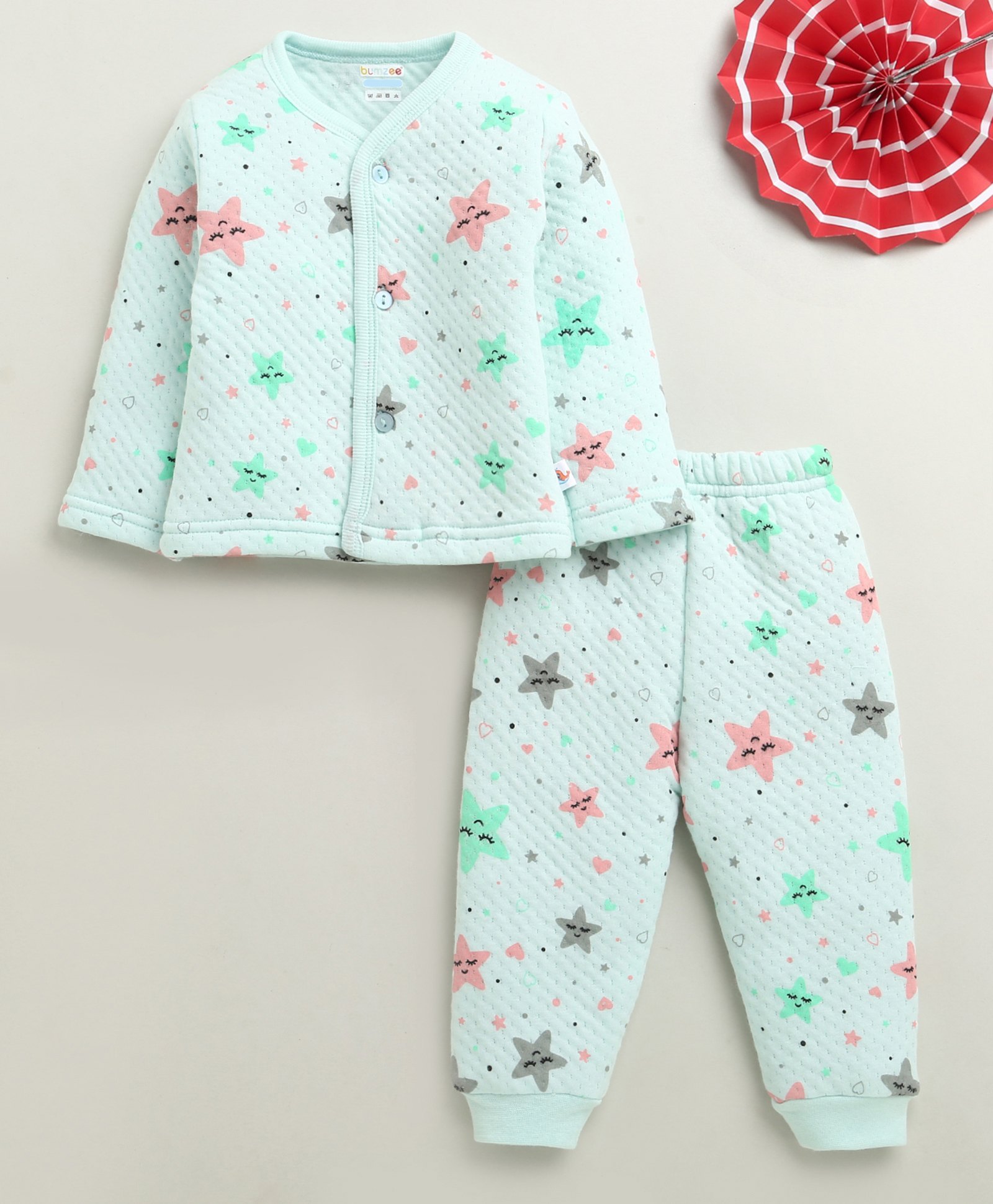 BUMZEE Knit Full Sleeves Star & Hearts Printed Coordinating Tee & Joggers Set - Mint Green-image-47