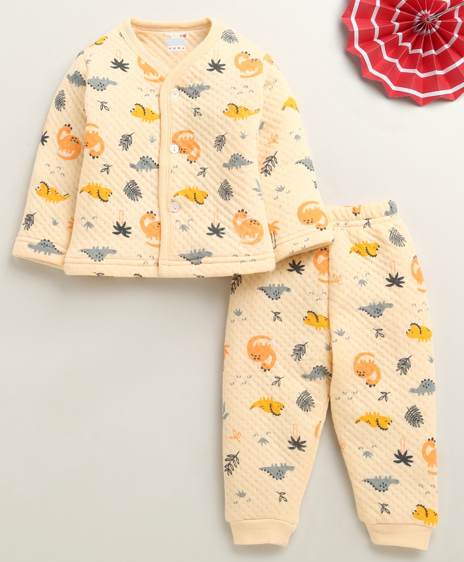 BUMZEE Knit Full Sleeves Dinosaurs Printed Coordinating Tee & Joggers Set - Peach-image-33