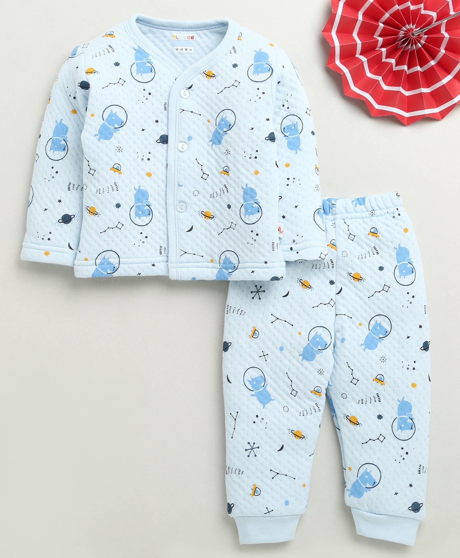 BUMZEE Knit Full Sleeves Space Theme Printed Coordinating Tee & Joggers Set - Sky Blue-image-5