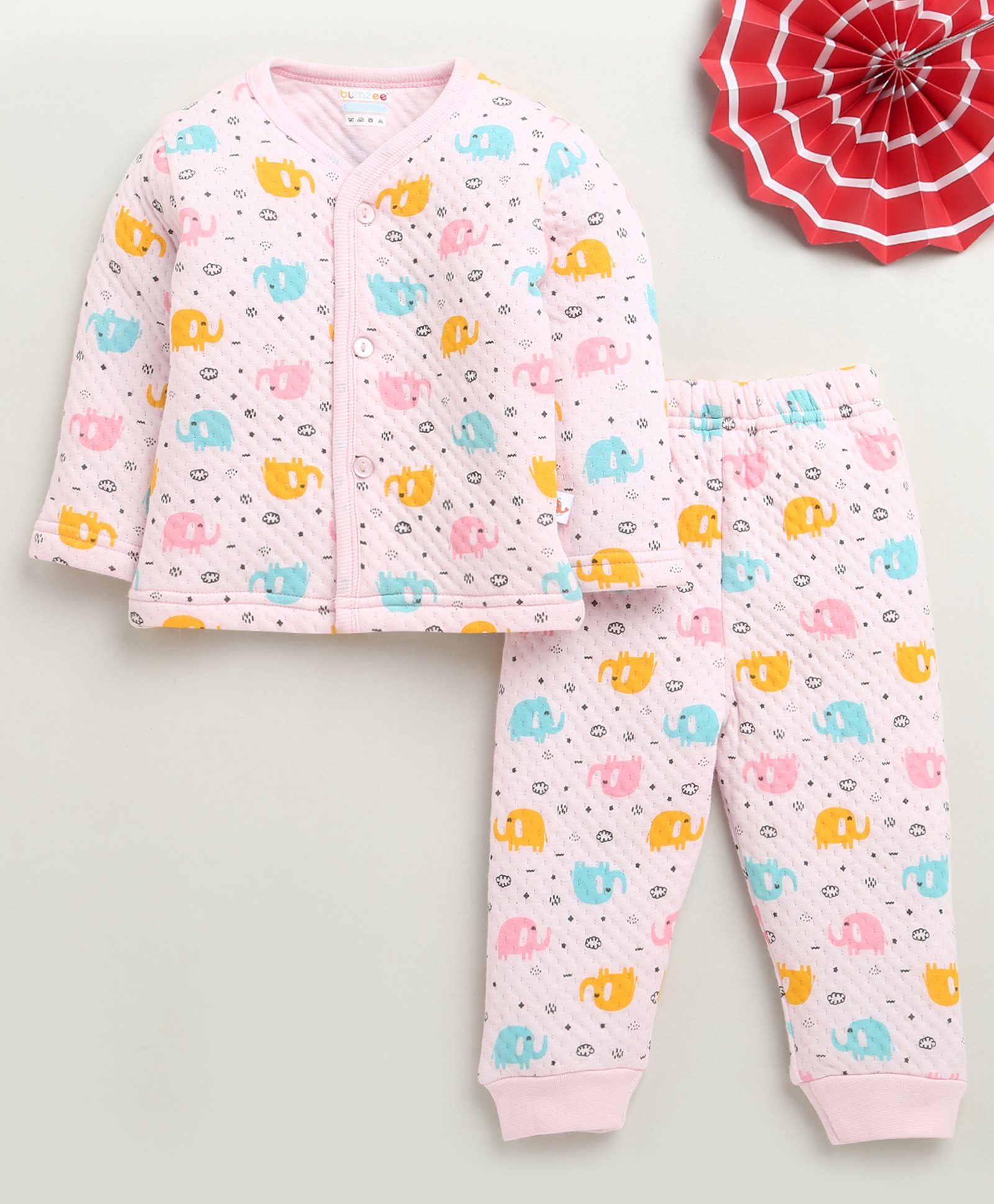 BUMZEE Knit Full Sleeves Baby Elephants Printed Coordinating Tee & Joggers Set - Pink-image-12