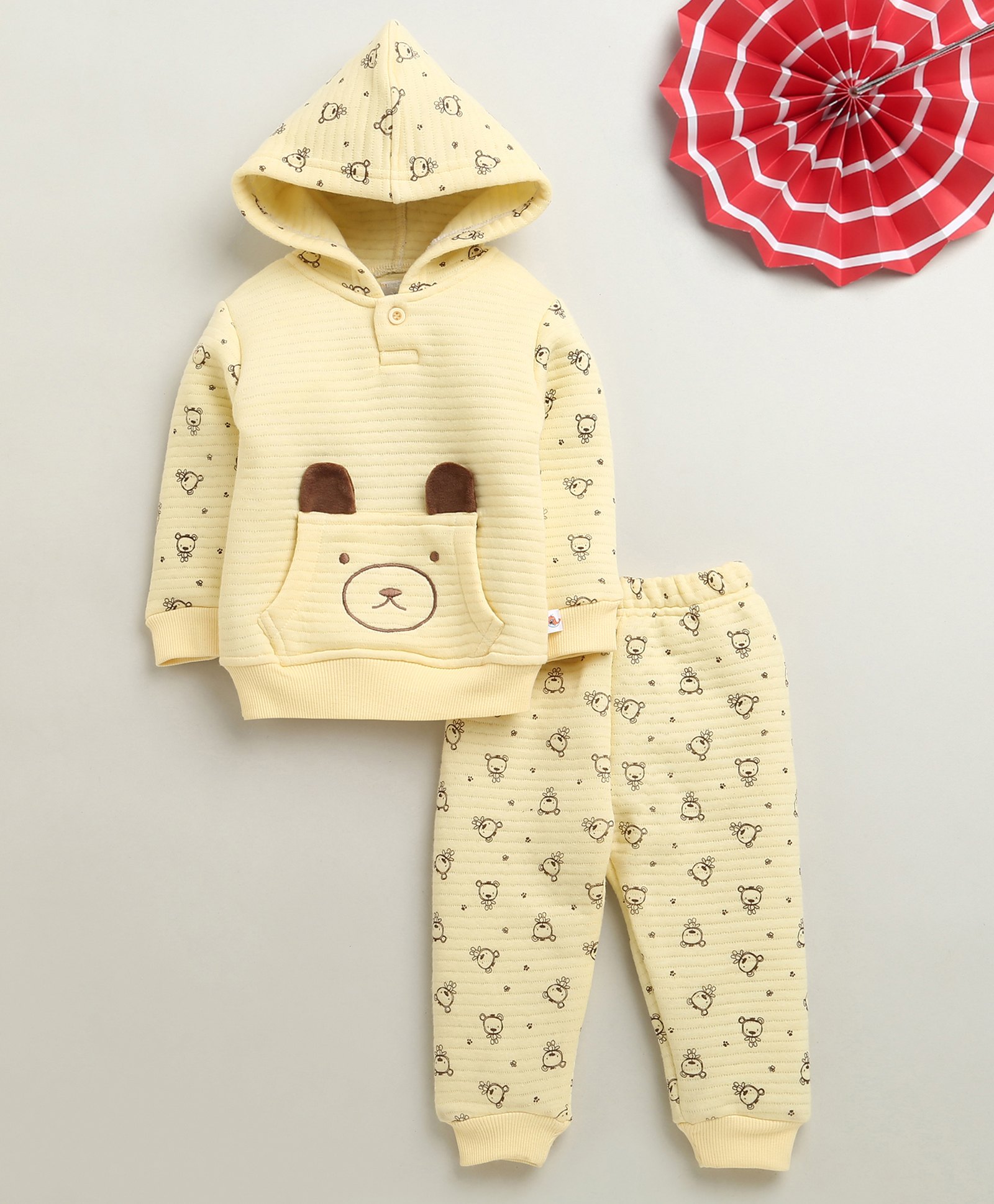 BUMZEE Knit Full Sleeves Baby Bear Printed Coordinating Hooded Tee & Joggers Set - Yellow-picture-25