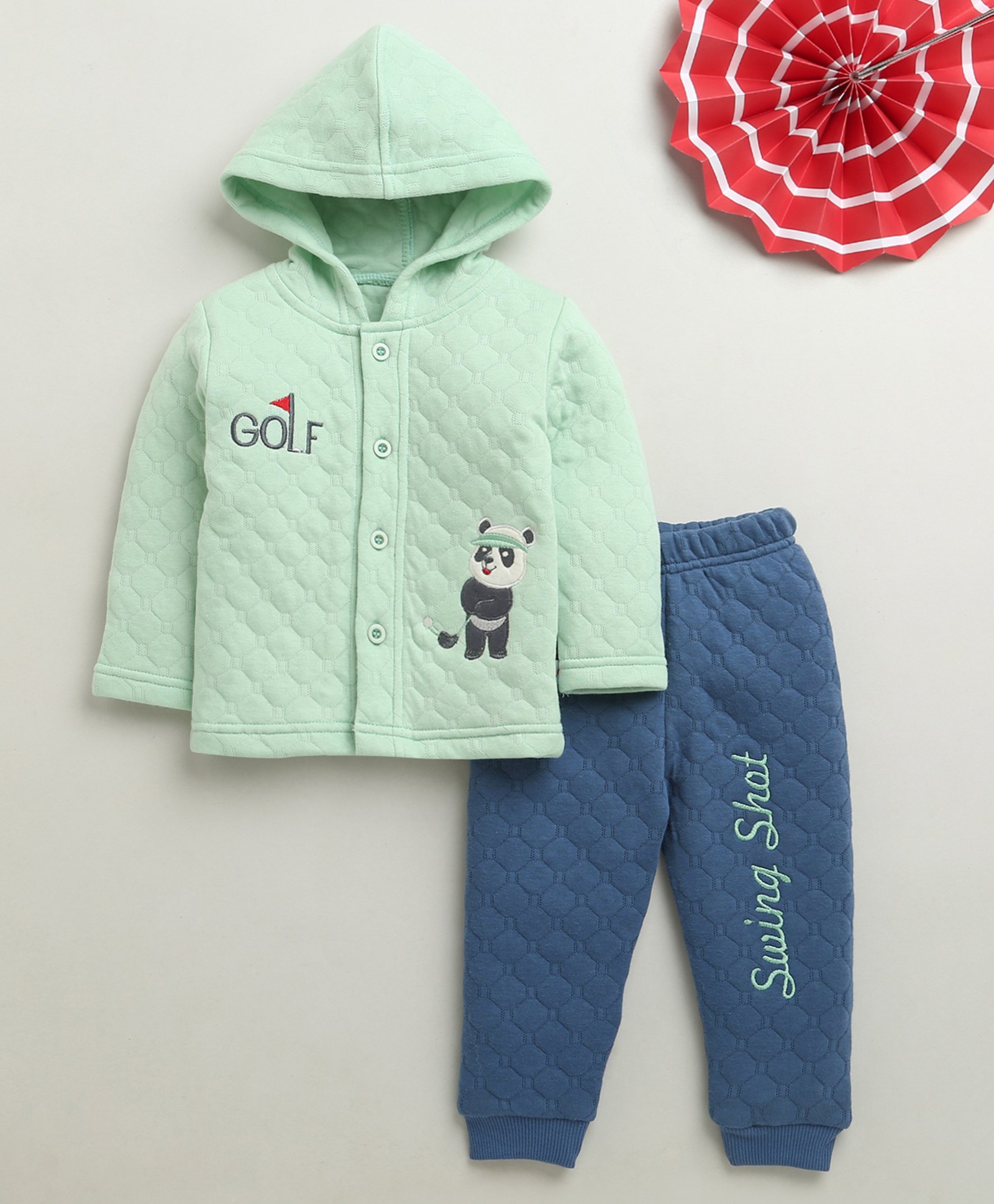 BUMZEE Knit Full Sleeves Baby Panda Patch Detailed Hooded Tee & Joggers Set -Mint Green & Blue-image-46