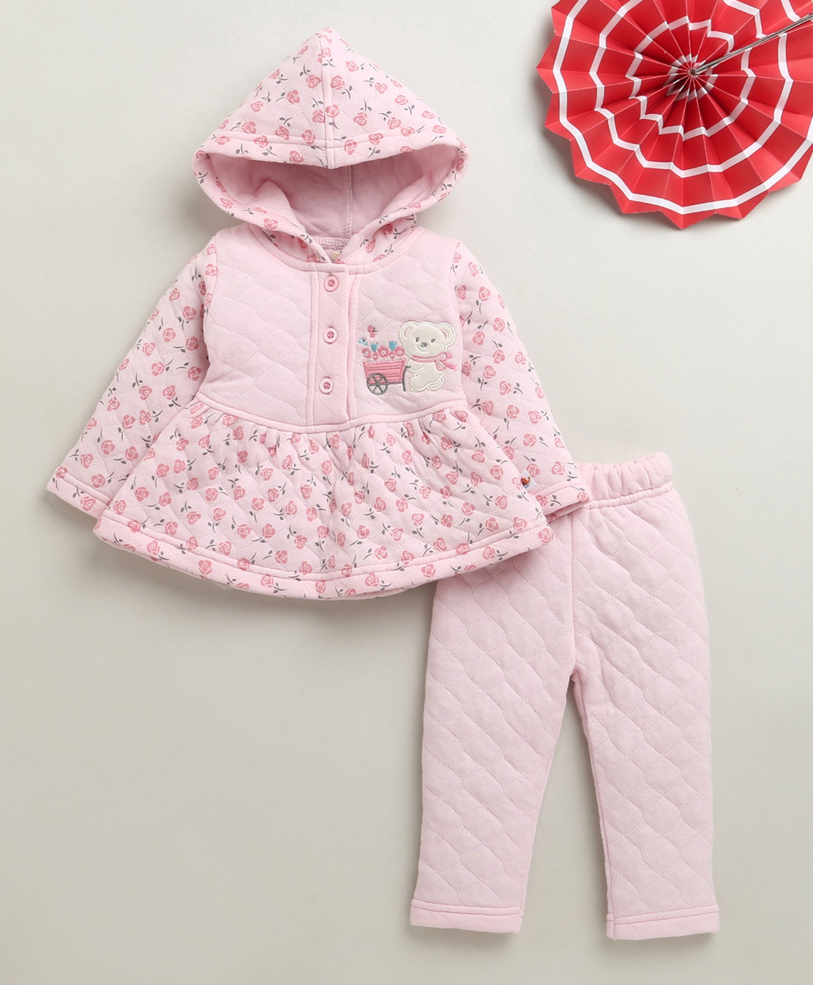 BUMZEE Knit Full Sleeves Floral Printed Hooded Top & Joggers Set - Pink-picture-23