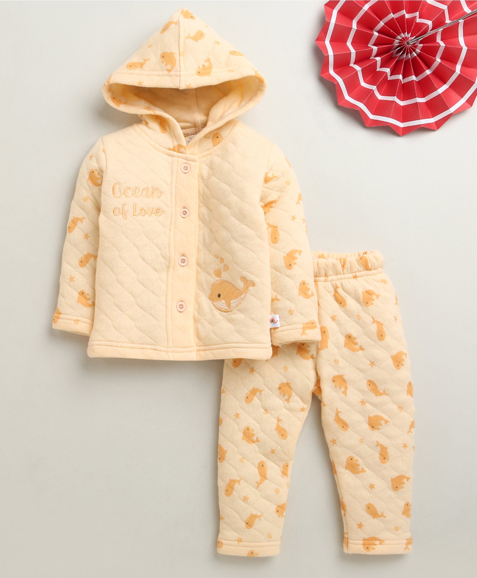 BUMZEE Knit Full Sleeves Whales Printed Hooded Tee & Joggers Set - Peach-image-31