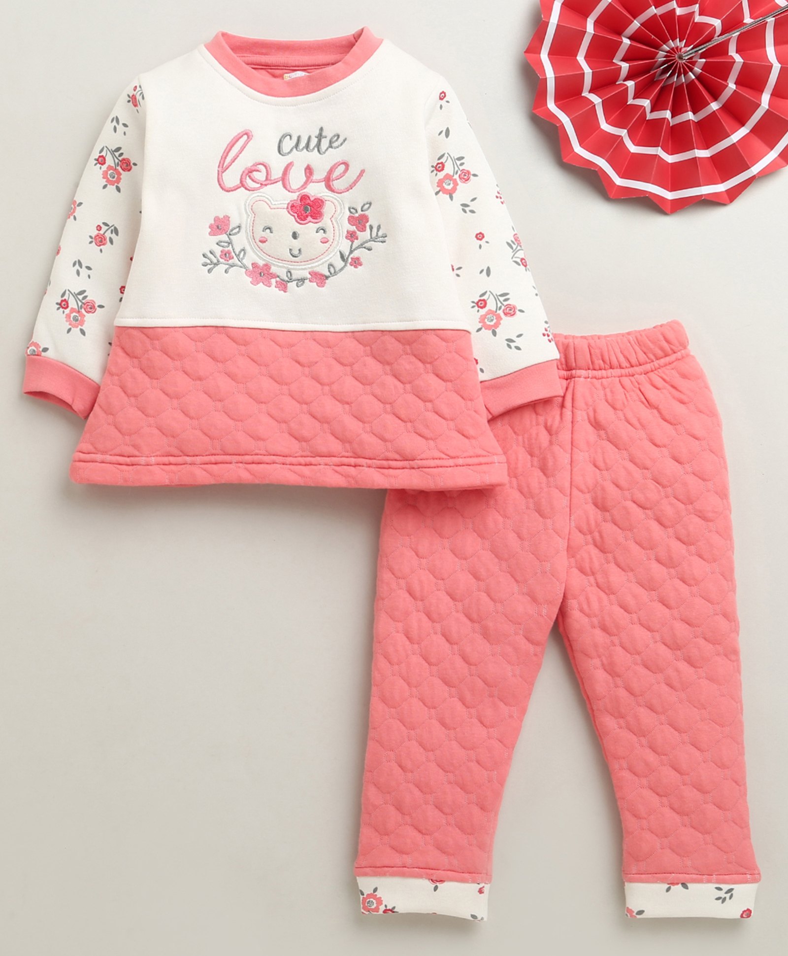 BUMZEE Knit Full Sleeves Floral Printed Hooded Top & Joggers Set - Peach & Cream-image-41