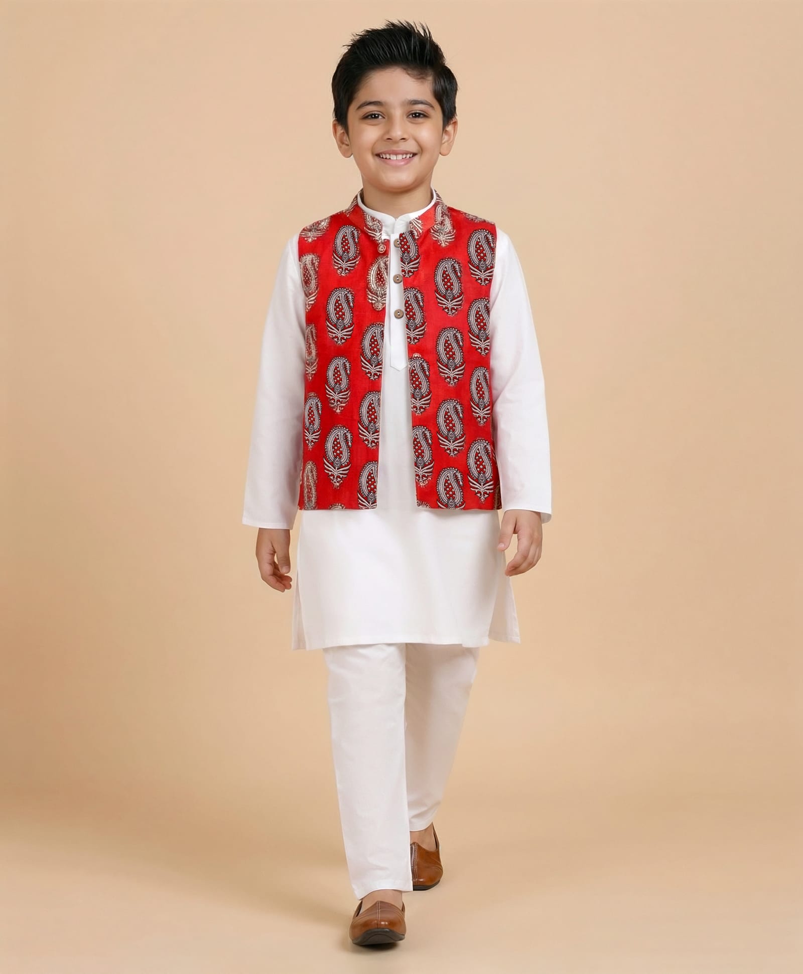 Pine Kids Cotton Woven Full Sleeves Kurta Pajama with Jacket & Motif Print - Maroon-image-37