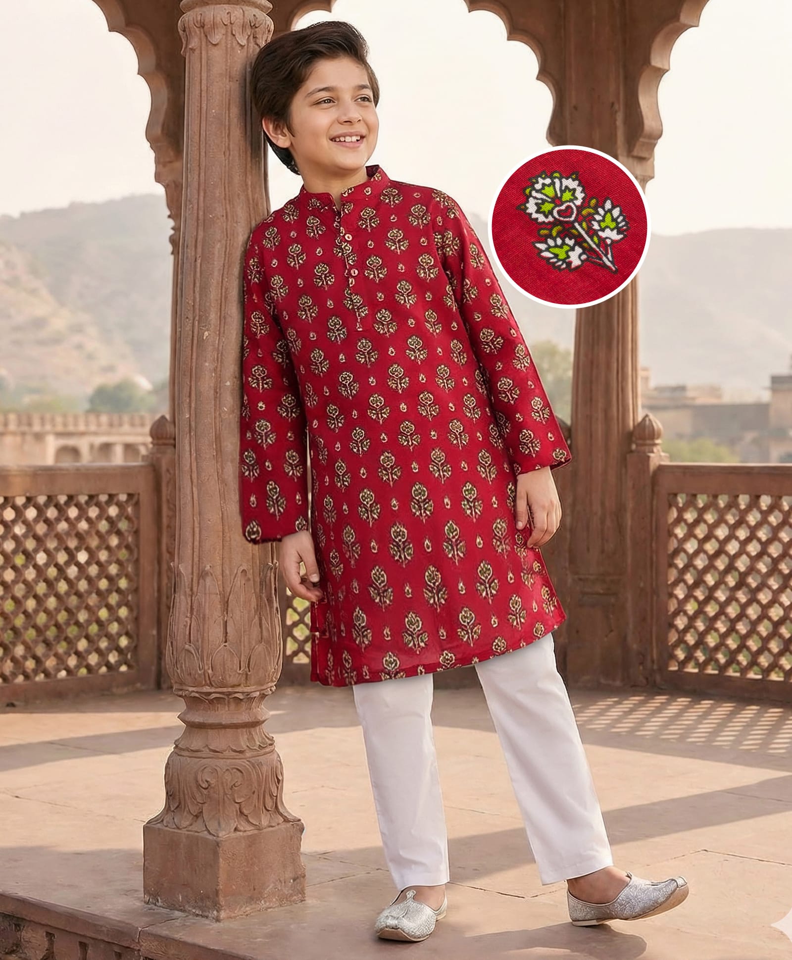 Pine Kids Cotton Woven Full Sleeves Kurta Pajama Set With Floral Print - Red-picture-35