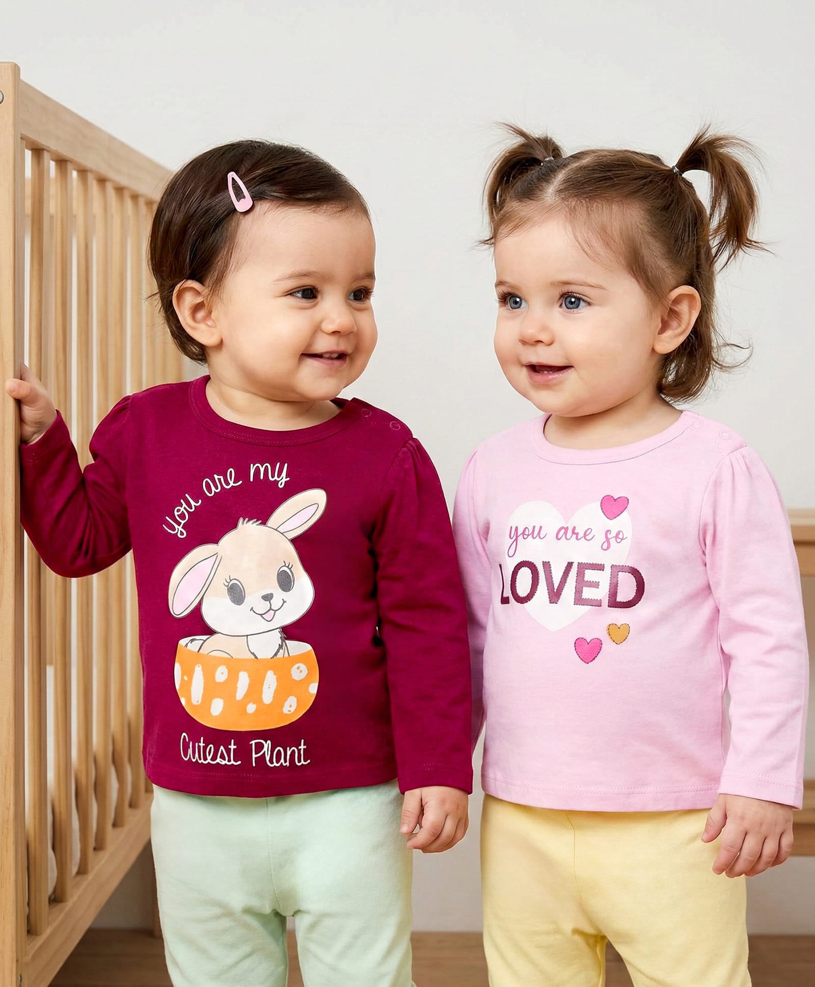 Babyoye 100% Cotton Knit Eco Jiva Finish Full Sleeves T-Shirts With Bunny & You Are So Loved Text Print Pack of 2 - Pink & Dark Red-image-19