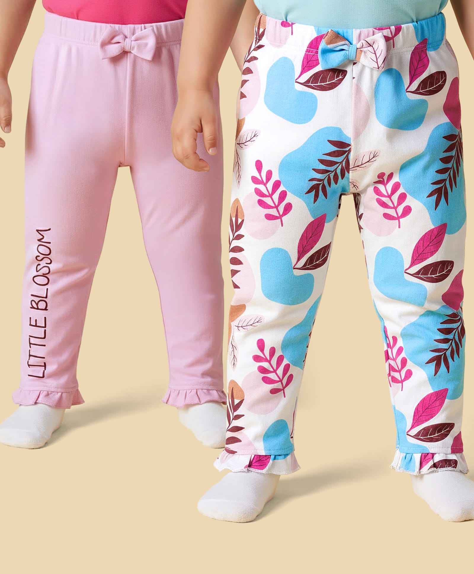 Babyoye 100% Cotton Knit With Eco Jiva Finish Full Length Heart Printed Leggings With Bow Applique Pack of 2 - Pink & White-image-43