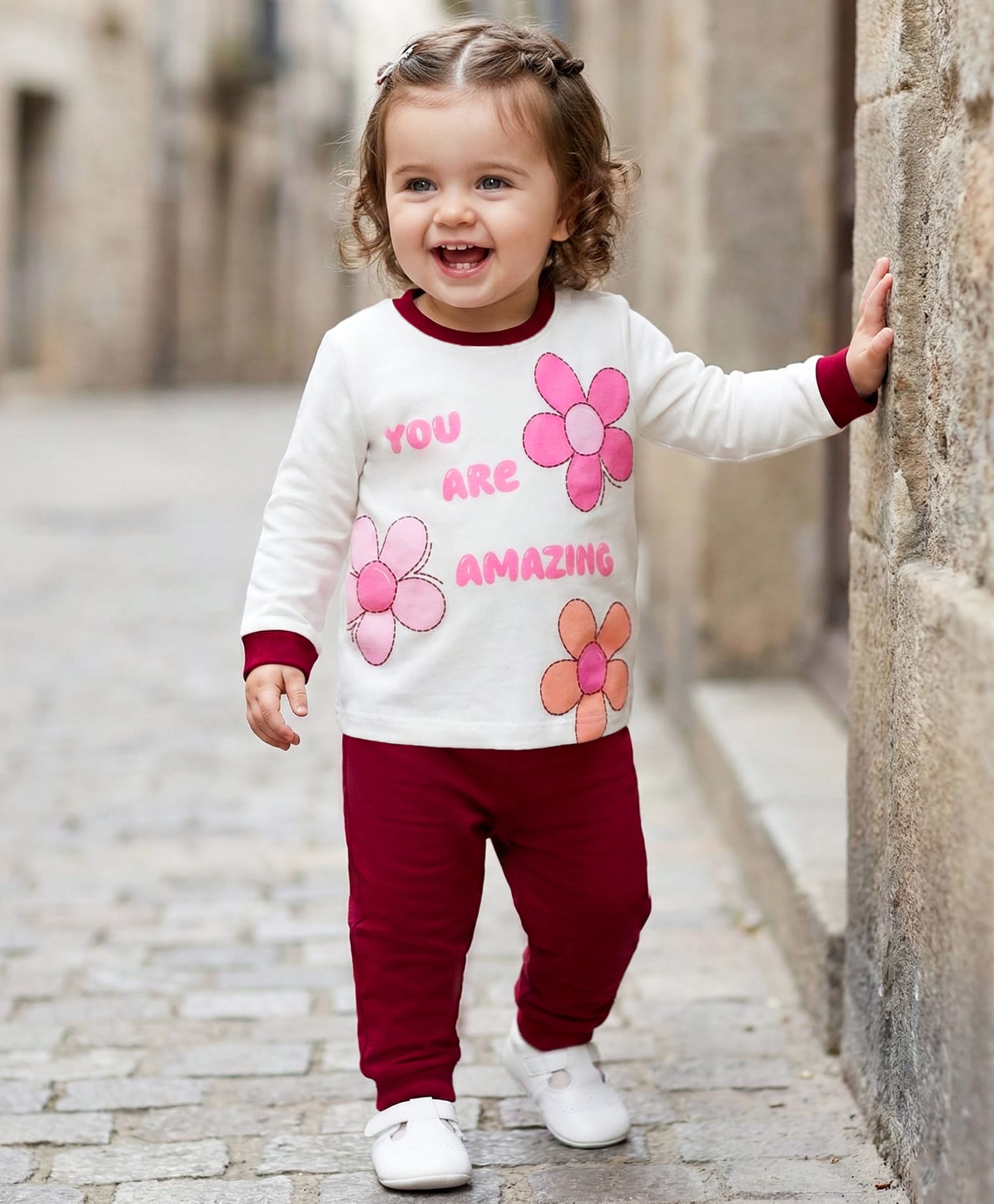 Babyoye 100% Cotton Knit with Eco Jiva Finish Full Sleeves Top & Joggers Set with Floral Print - White PInk & Maroon-image-30