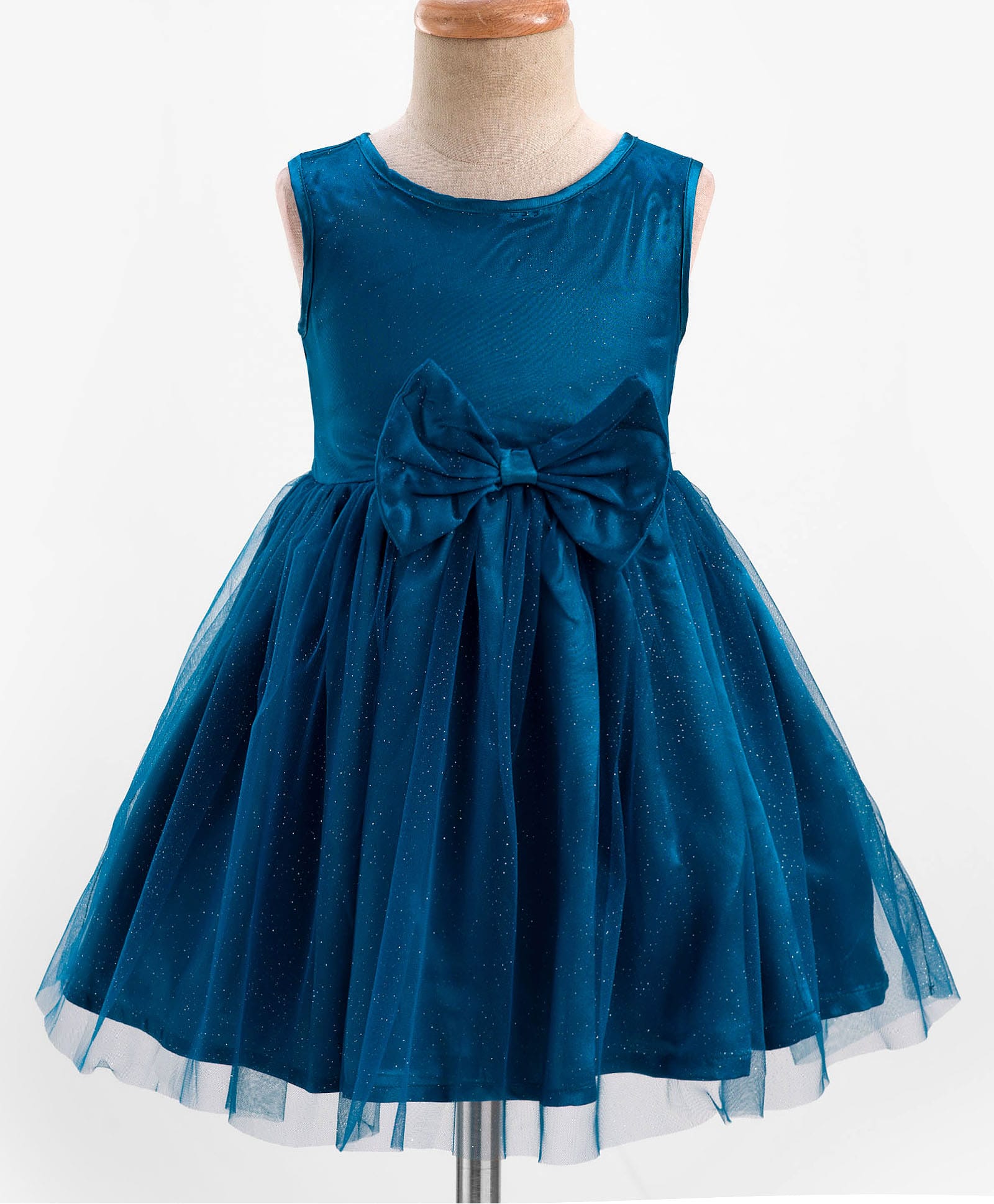 Kookie Kids Woven Sleeveless Party Shimmer Net Dress With Bow Applique - Teal Blue-image-10