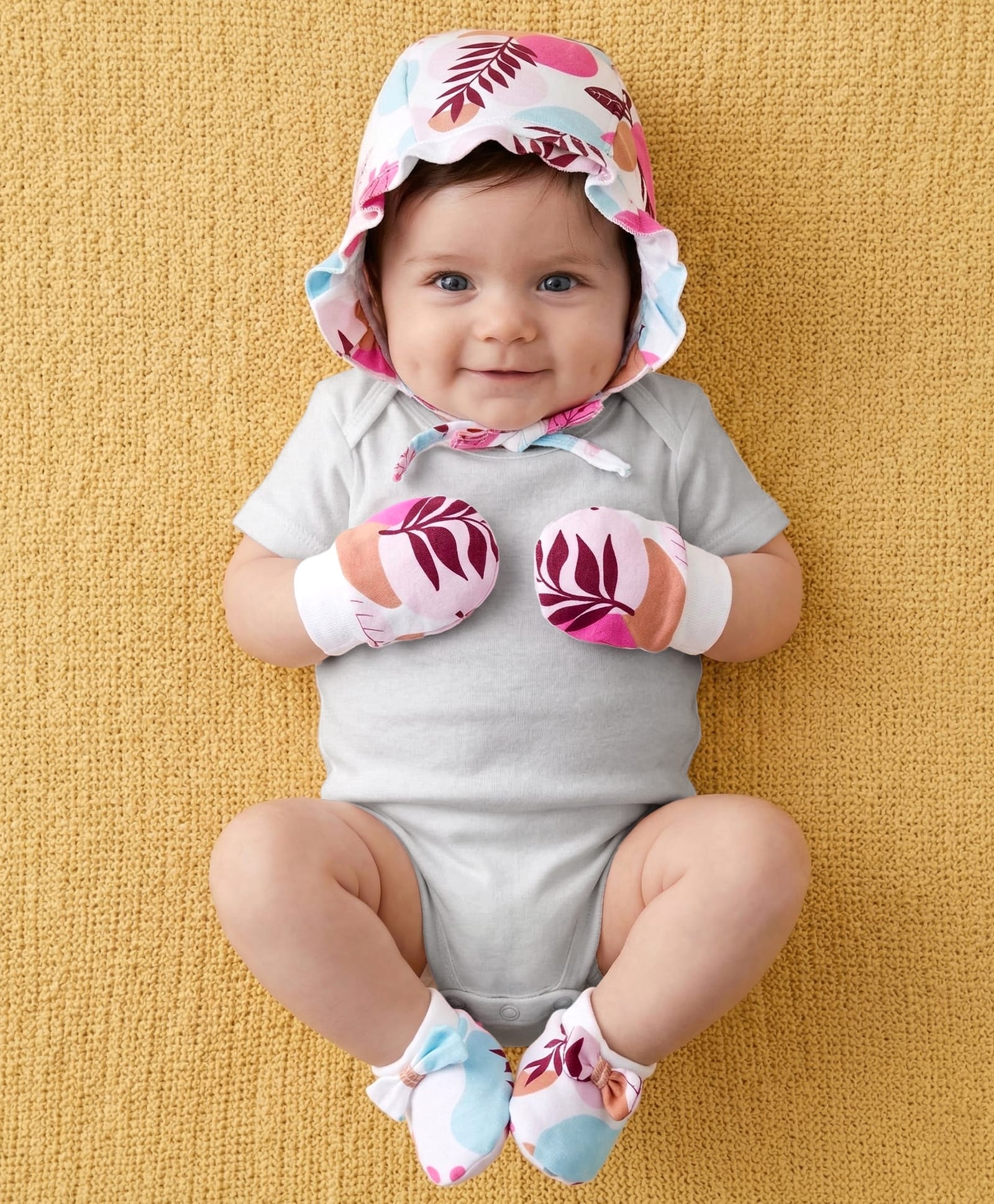 Babyoye 100% Cotton Interlock Knit Cap Mittens & Booties Set With Eco Jiva Finish & Leaves Print White - Diameter 23 cm-image-41