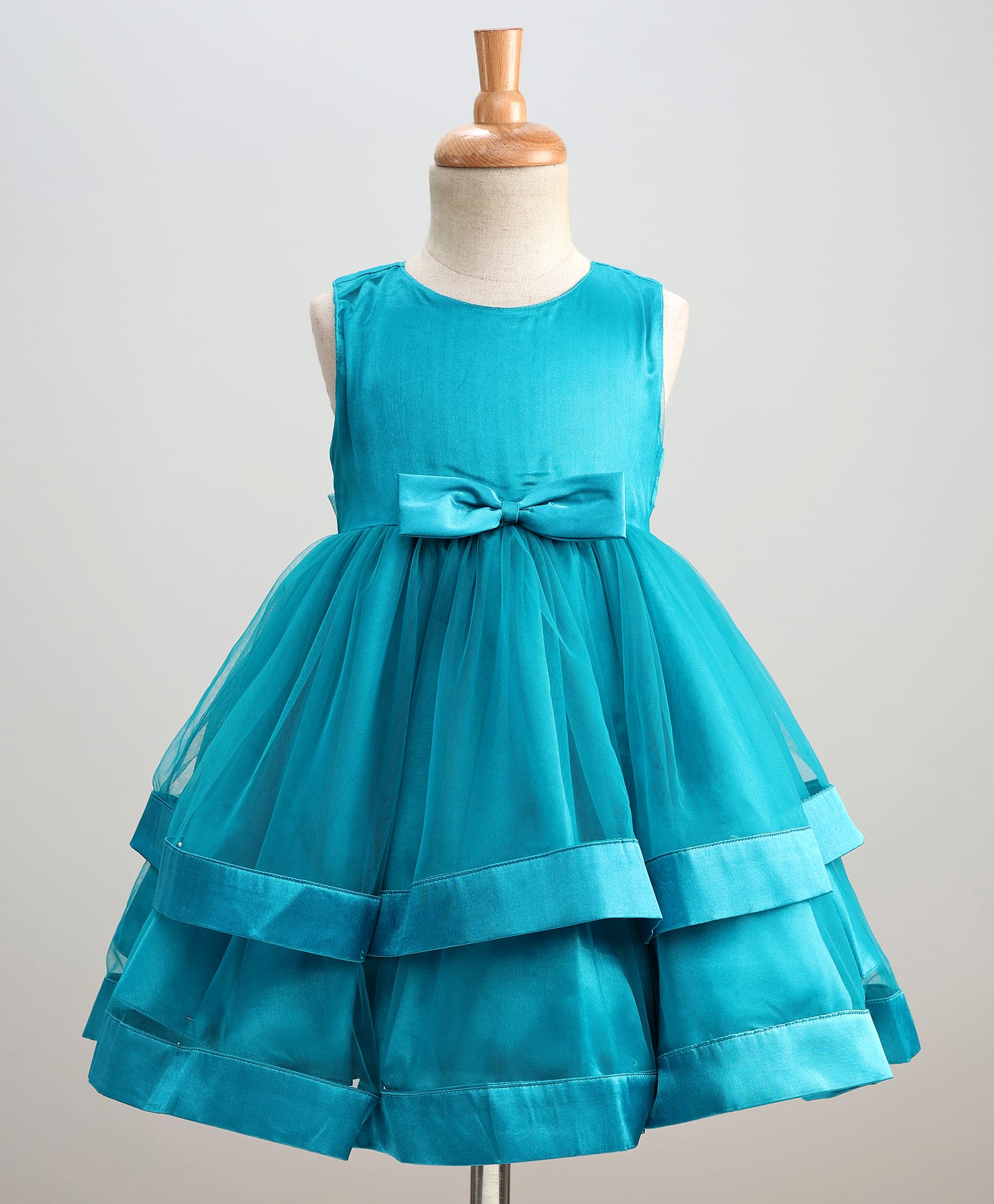 kookie kids india Kookie Kids Woven Sleeveless Solid Coloured Flared Party Dress With Bow Applique - Teal Blue-picture-36