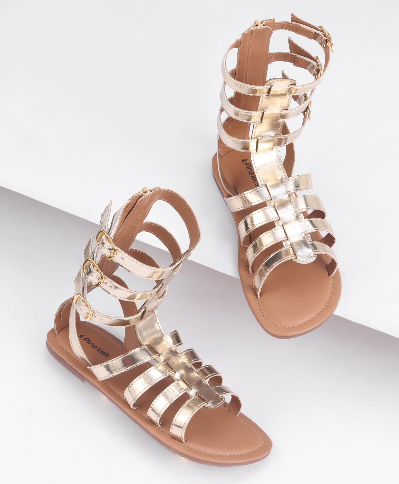 Pine Kids Gladiator Roman Zip Closure Sandals - Gold-image-9