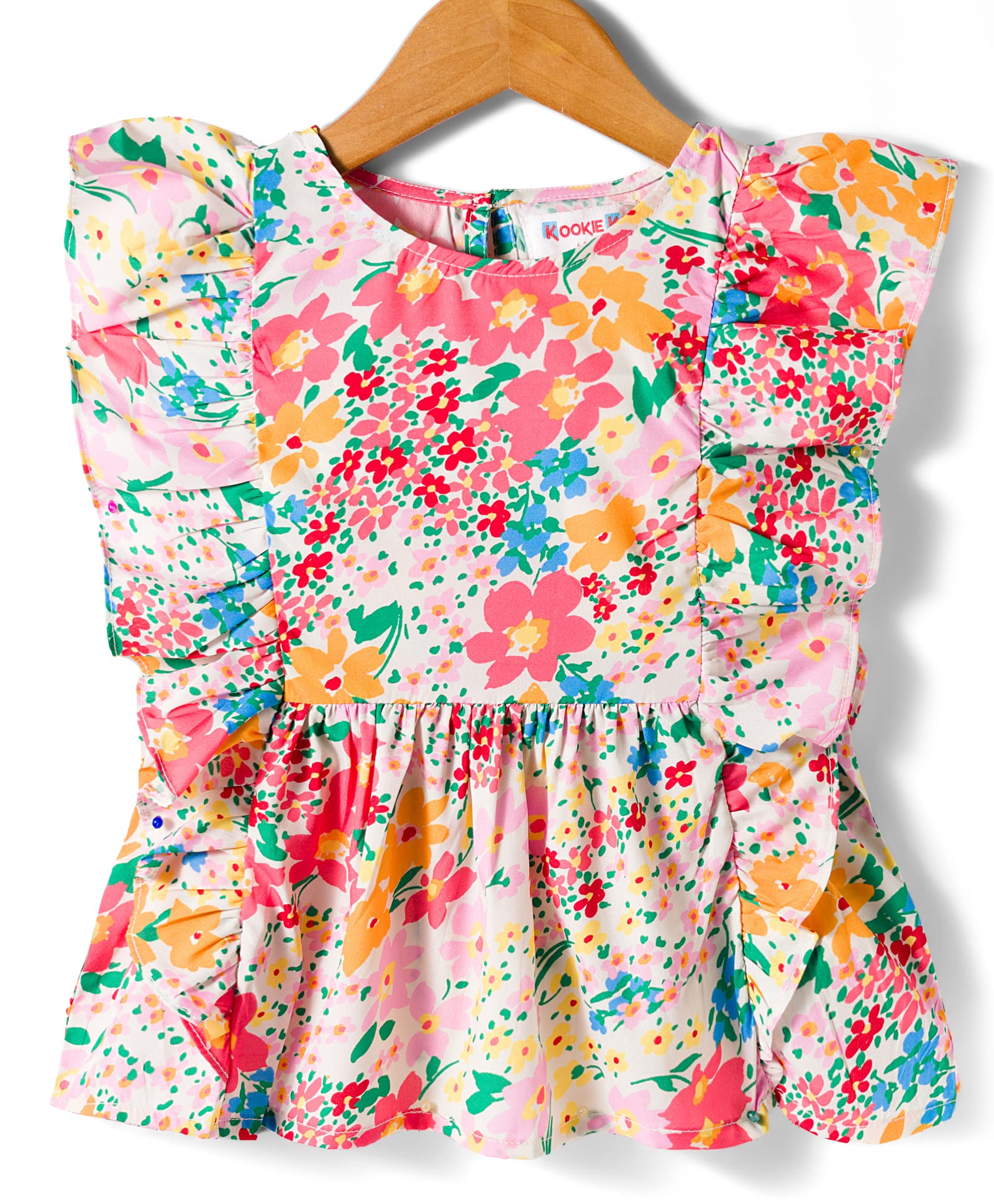 kookie kids india Kookie Kids Woven Frill Sleeves Peplum Top with Floral Print - Pink-picture-19