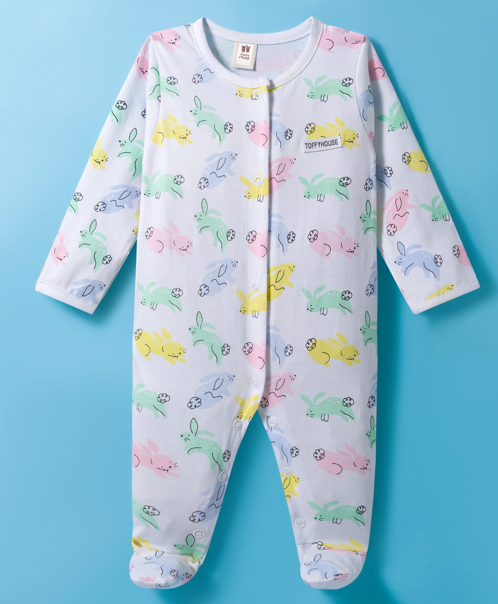 ToffyHouse Single Jersey Knit Full Sleeves Sleepsuit With Bunny Print - White-image-12