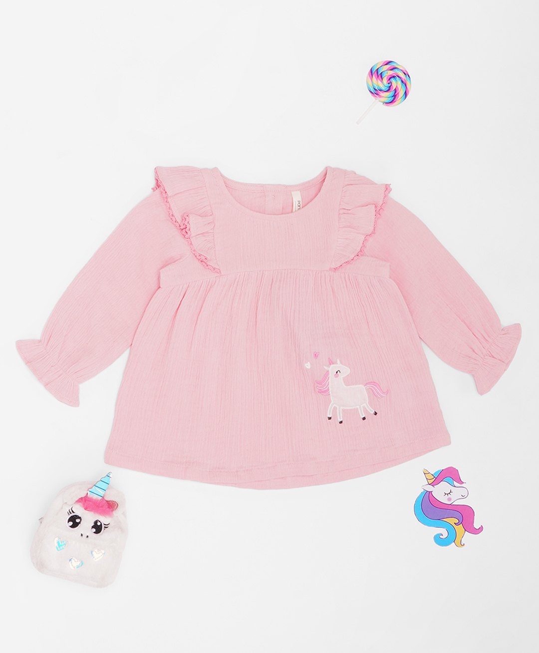Pantaloons Baby 100% Cotton Woven Full Puffed Sleeves Unicorn Embroidered Peplum Top - Pink-image-47